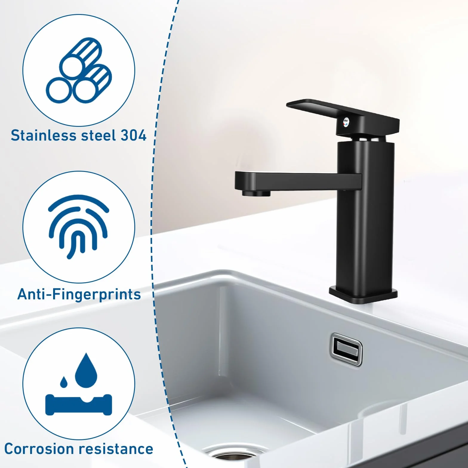 Grifo de Baño Llave de Lavabo Armadura Negro Mezclador de Lavabo Grifo de Agua Fría y Caliente Mezclador de Una Maneta Negro Mate Armadura de Baño para Baño Fregadero Acero Inoxidable Latón