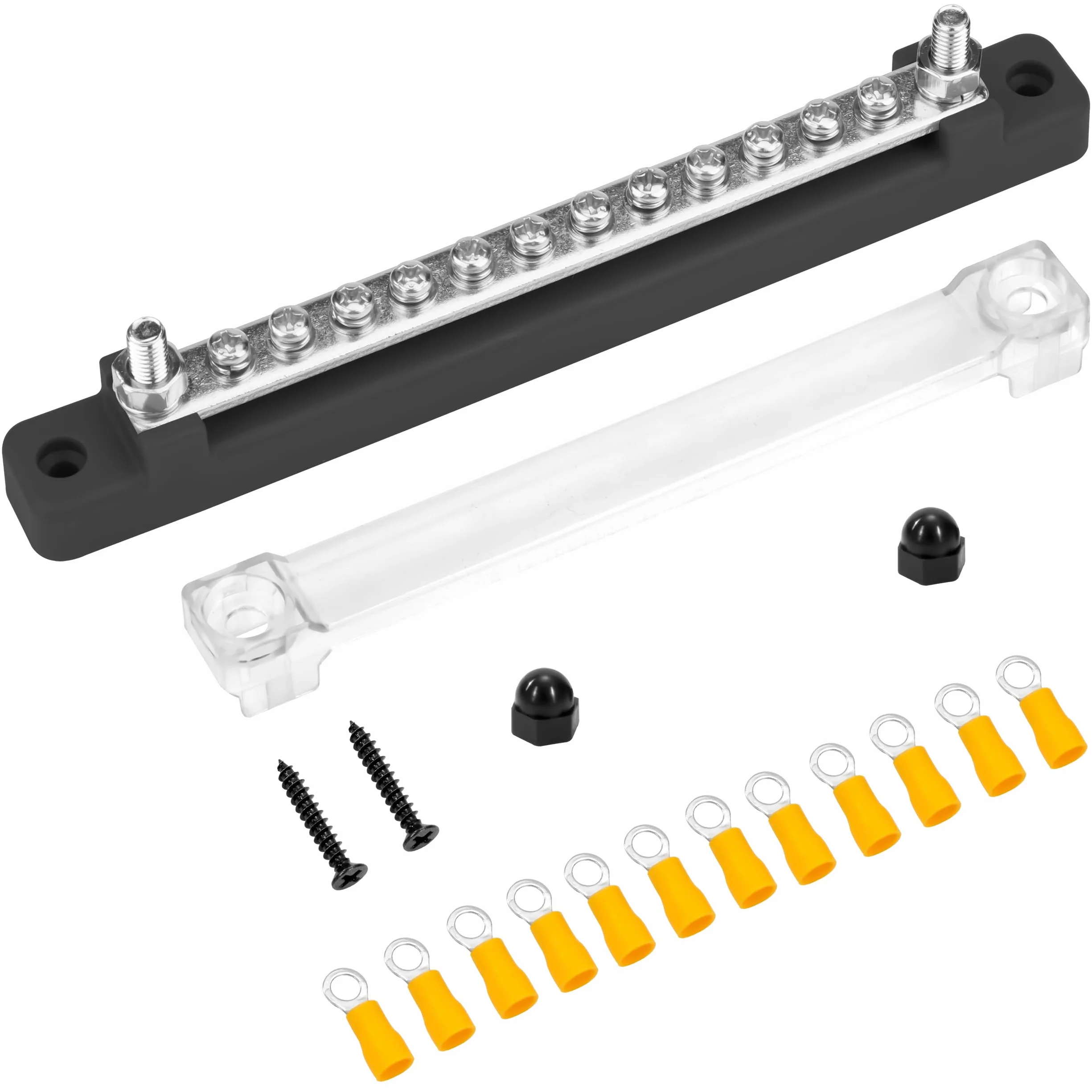 QIMEI-SHOP Bloques de Distribución de Energía 12V-48V Caja de Distribución de Barra Colectora BusBar 150A con 12 x M4 Pernos de Terminal para Automóvile Barco Negro