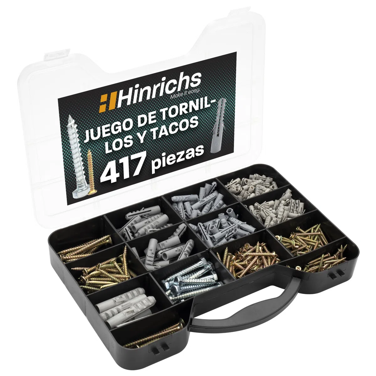 Hinrichs - Juego de 417 tornillos y tacos (417 unidades) - Maletín de almacenamiento con tacos en 4 tamaños - 204 piezas en total + juego de tornillos en 9 tamaños - 213 tacos