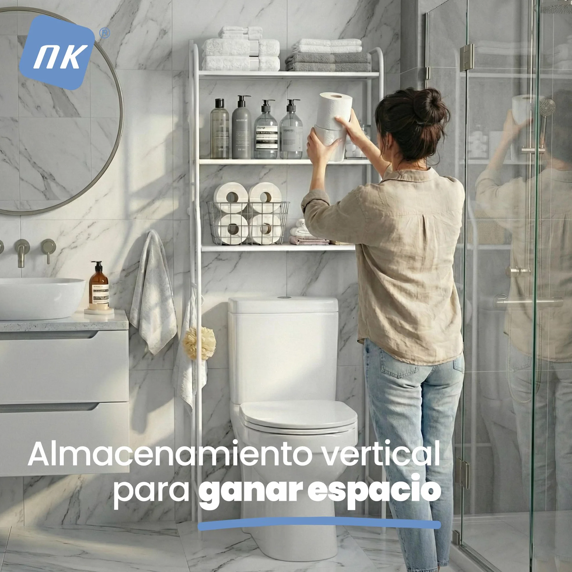 NK Estantería de Baño sobre Inodoro – 153x47x26 cm, 3 Baldas Superiores, 3 Ganchos, Portarrollos, Patas Antideslizantes, Estructura de Hierro y PP, Color Blanco, Montaje Fácil