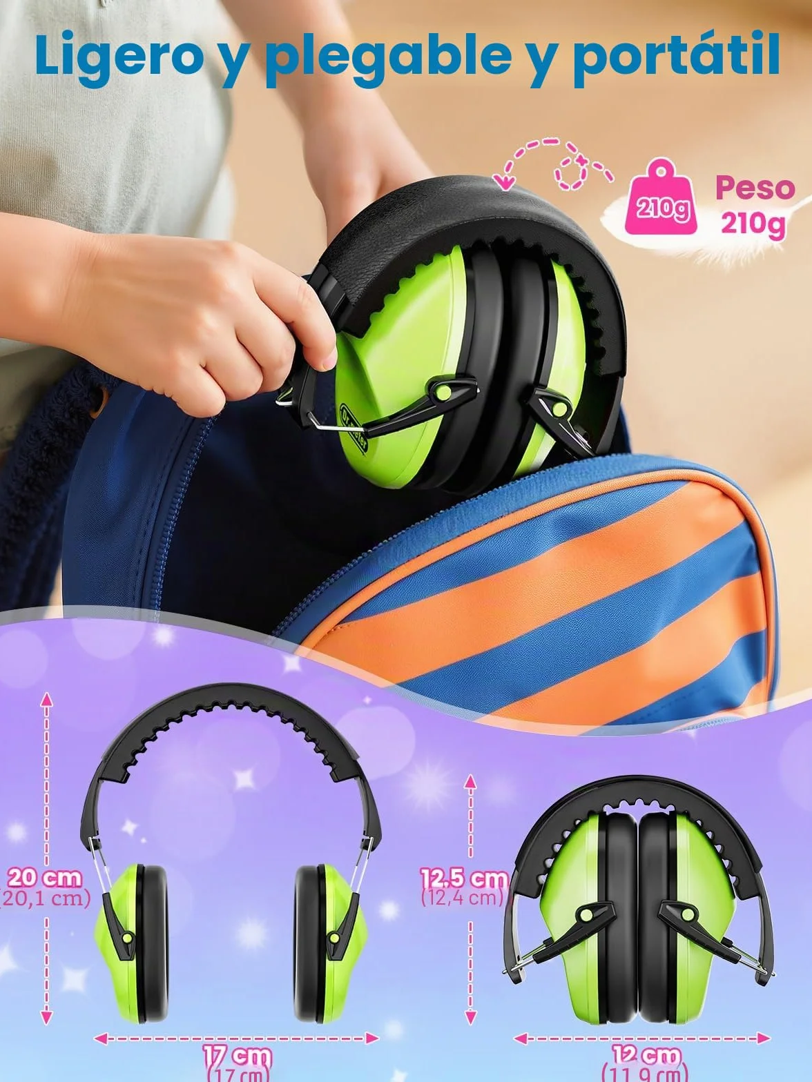 Dr.meter Cascos Antiruido para Niños, Cascos Ruido Niños Protección Auditiva SNR 27.4dB, Diadema Ajustable, Orejeras Suaves Cómodas, Reducción de Ruido para Estudio, Viajes y Eventos Ruidosos - Verde