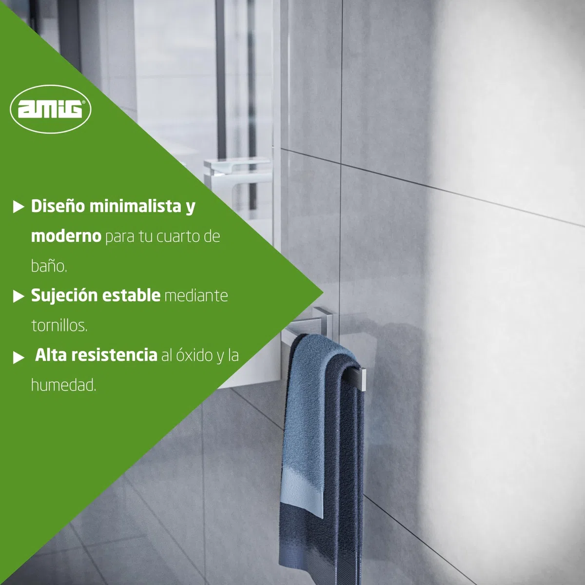Amig - Toallero de baño Mod. Isla-2 - Soporte de Pared para Toallas con Tornillos incluidos - 270 x 75 x 55 mm - Acero Inoxidable - Plateado Mate