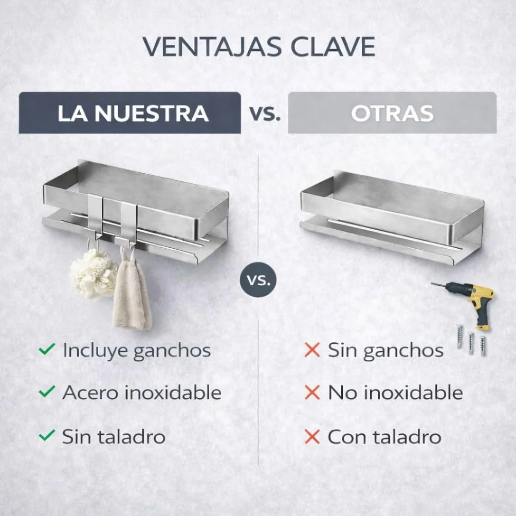 MandA - ESTANTERIA Baño SIN Tornillos + 2 Ganchos de Acero Inoxidable - Organizador Ducha SIN Taladro - Adhesivo – Baldas Pared sin Agujeros – Accesorios Modernos para Organizar y Decorar Estanterías