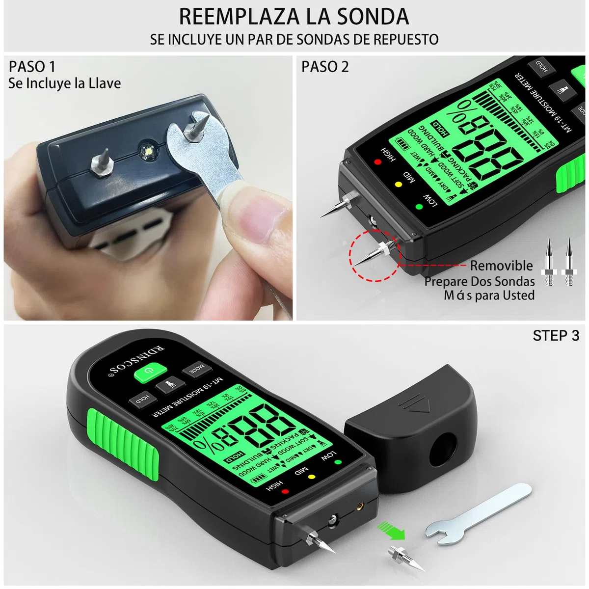 RDINSCOS Medidor de Humedad con Pantalla LCD,Detector de Humedad con Botón HOLD,Alarma para Paredes de Yeso/Madera