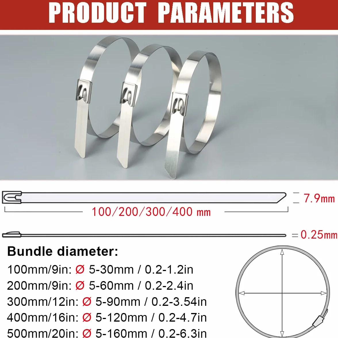 Bridas Metálicas Grandes 500 x 7.9 mm, Brida de Acero Inoxidable Abrazadera Metálica para Tubos - Resistencia a la Tracción 120 Kg | 30 Piezas Plateadas