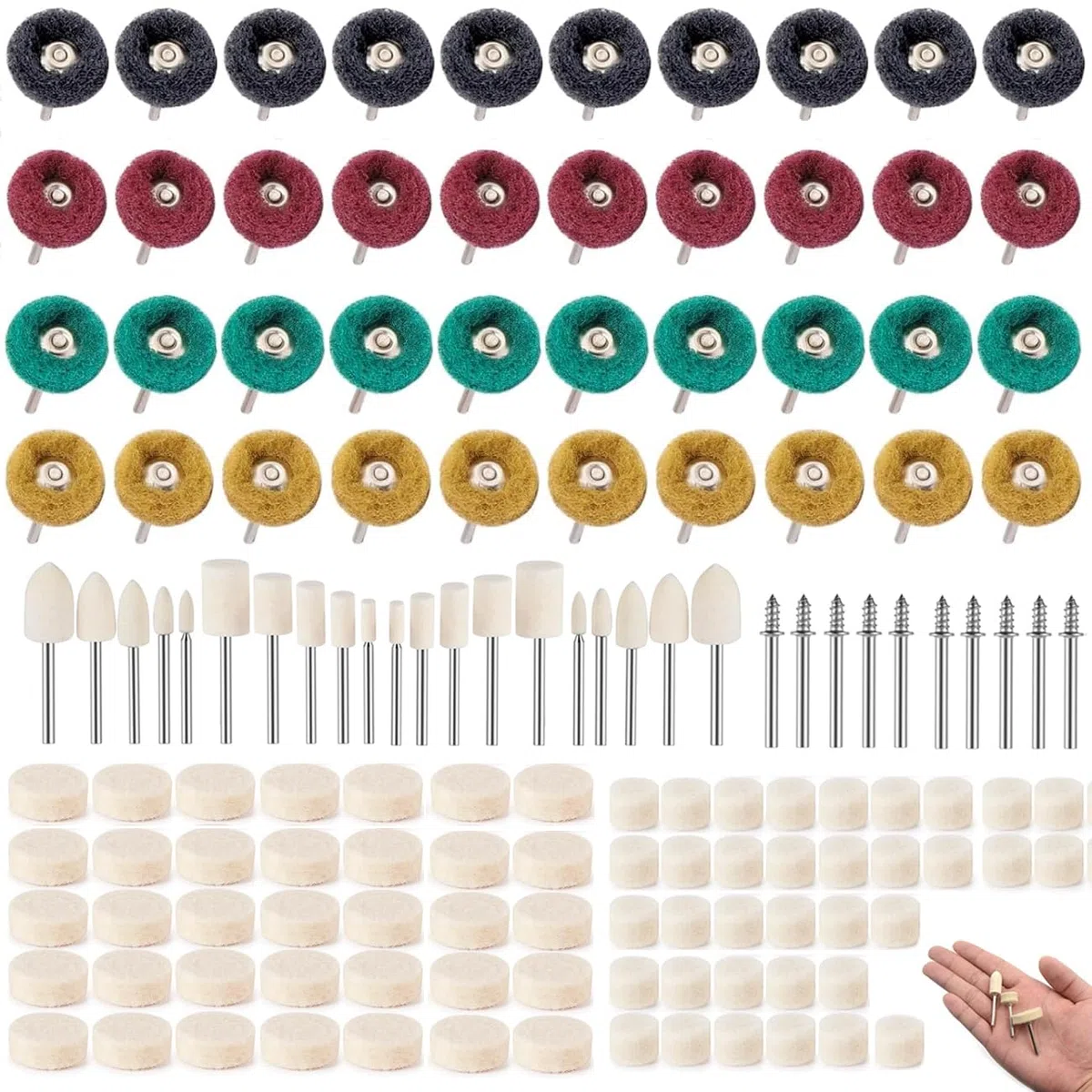 140 pz Rueda de pulido para Pulir,Juego de Ruedas Pulidoras,Lana Fieltro Pulido Taladro Amoladora Cepillos de Rueda,Accesorios de Pulidoras Ferramientas Rotativas Dremel con Mango para Joyería,Madera