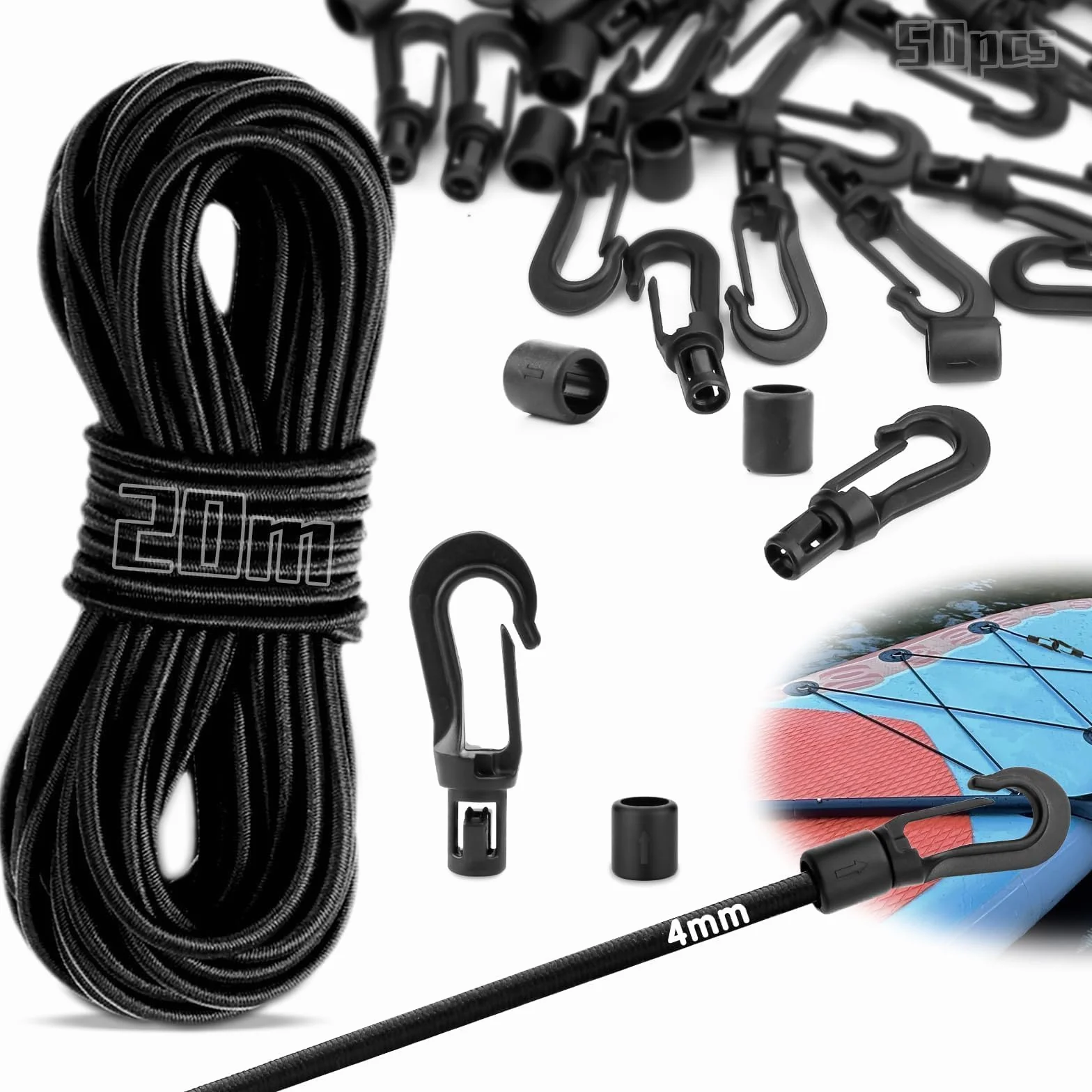 SWTYExt 20m Cuerda Elastica 4mm Cuerda Elástica con 50 Piezas Ganchos de Plástico Pulpos Elasticos Negro Cuerda de Goma para Lona Bungee Cord Resistente para Barco Camping Remolque Piscina
