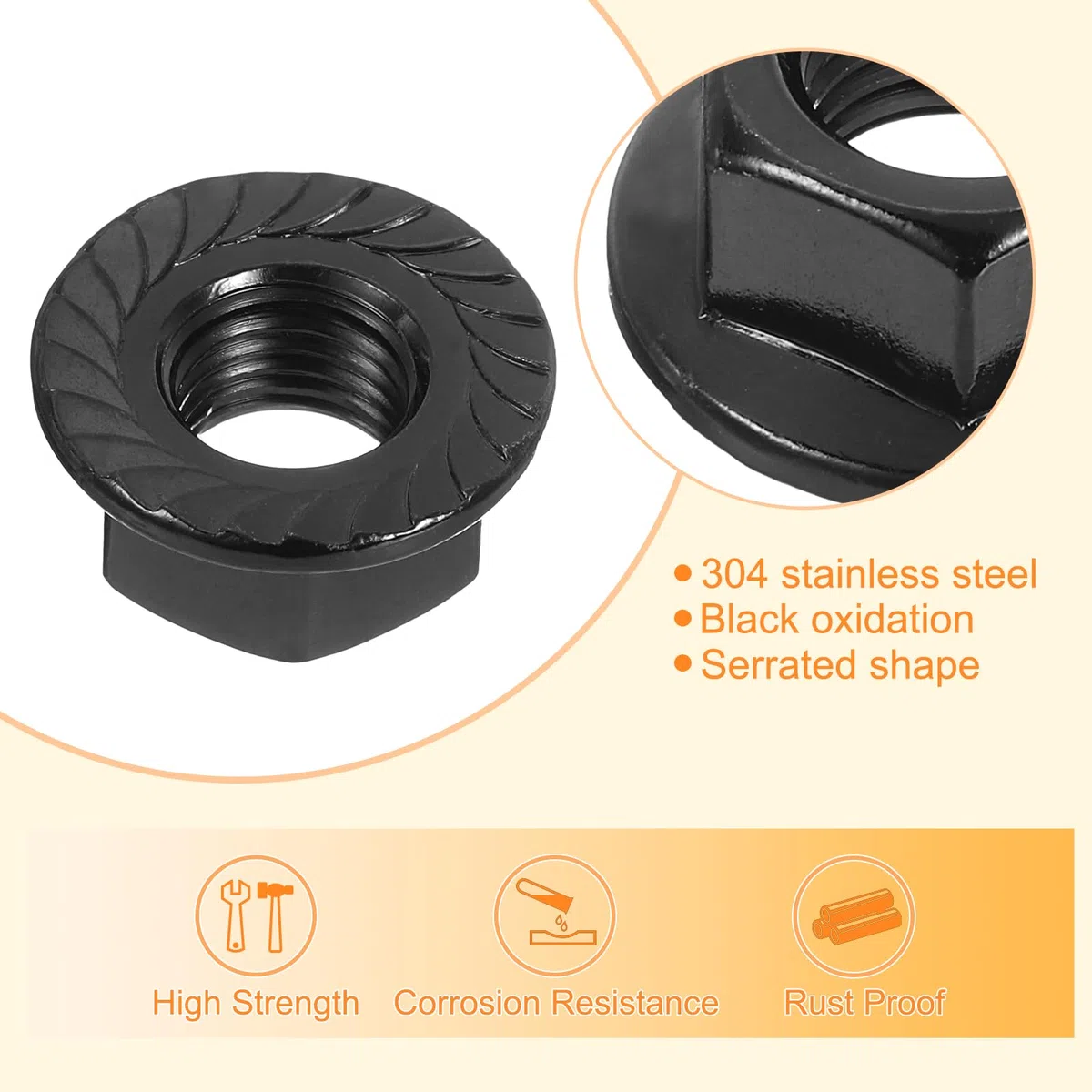 QUARKZMAN Tuercas Autoblocantes Hexagonales con Brida Estriada M10x1.25mm, 20 Piezas de Acero Inoxidable 304, Tuerca Métrica Hexagonal Antideslizante, Rosca Completae, Negro