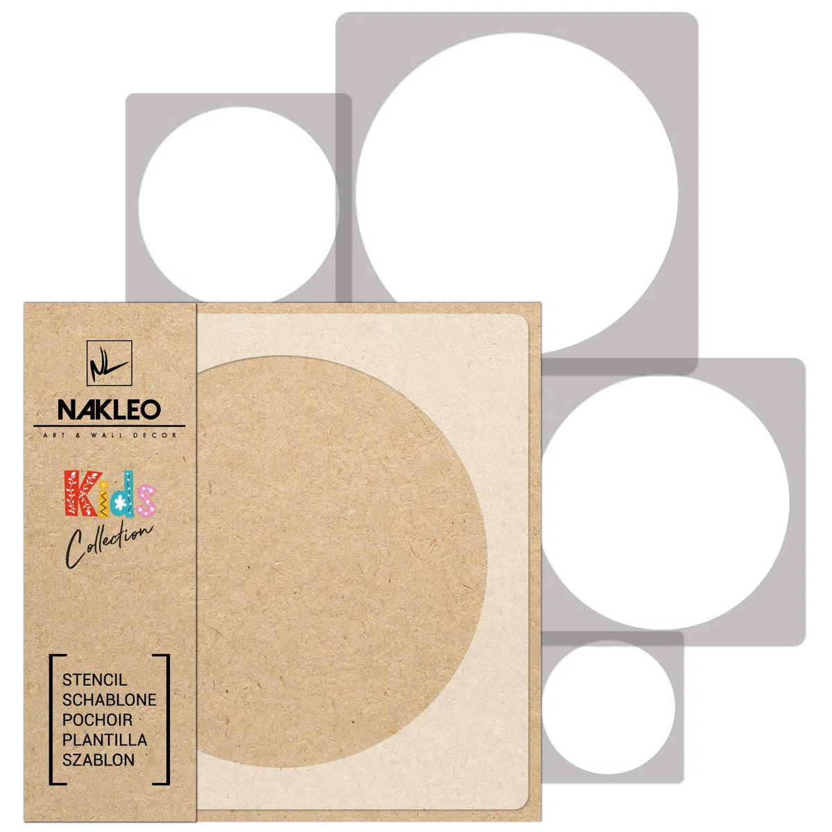 NAKLEO Plantillas para Pintar para Habitación Niños, 5 Stencil 9x9 a 34x34cm Circulo Punto Geométrico, Patrón Plástico y Reutilizable para Dibujar, DIY Arte Decoración, Pared Madera Muebles Tejido