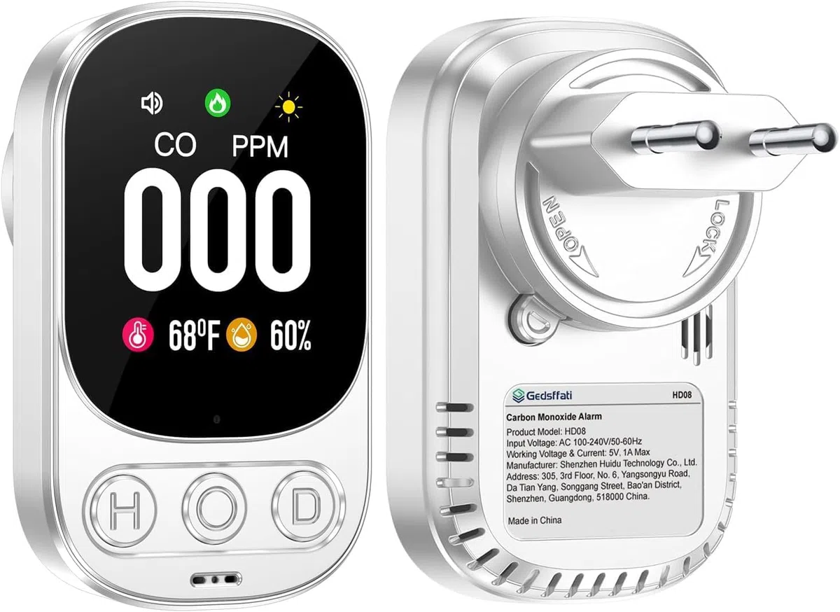 3-in-1 Plug in Detector Monoxido de Carbono con 2.1'' HD Pantalla, CO Temperatura Humedad Alarma para Casa hoteles, Blanco (EN 50291 Approved)