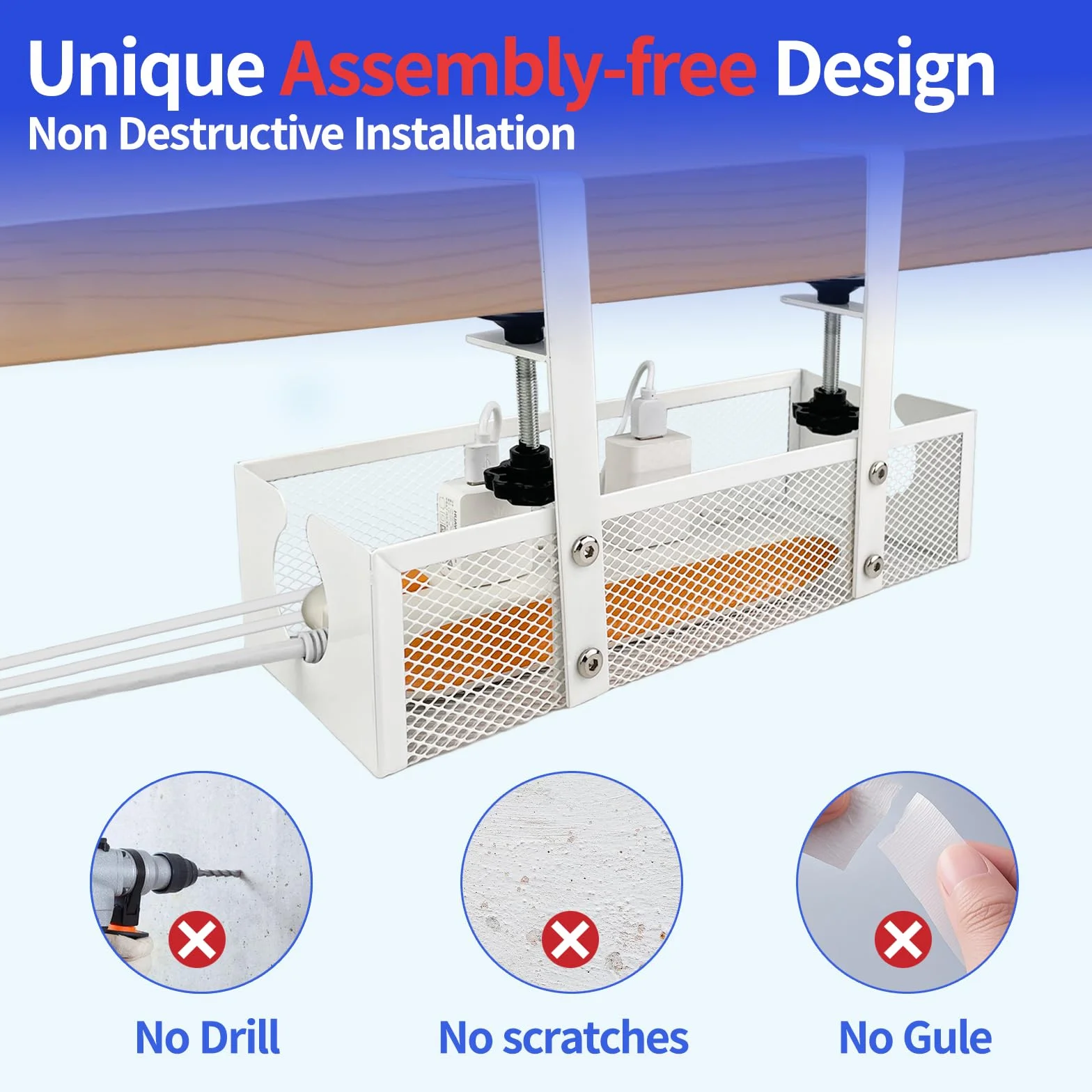 Bandeja Organizador Gestión Cables Escritorio sin Perforación, Recoge Cables Mesa Escritorio para Hogar y Oficina (Blanco) Bandeja de Cables Debajo de la Mesa Retráctil