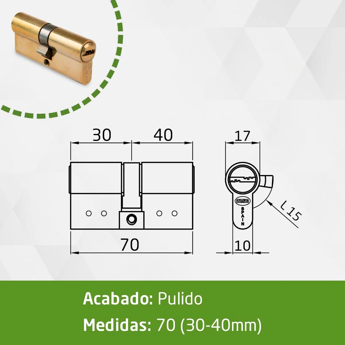Amig - Cilindro de seguridad Mod. 9800 - Cerradura para puertas - Leva larga de 15mm - Sistema antitaladro - Incluye 5 llaves - Dorado - Medidas: 70 (30-40 mm)