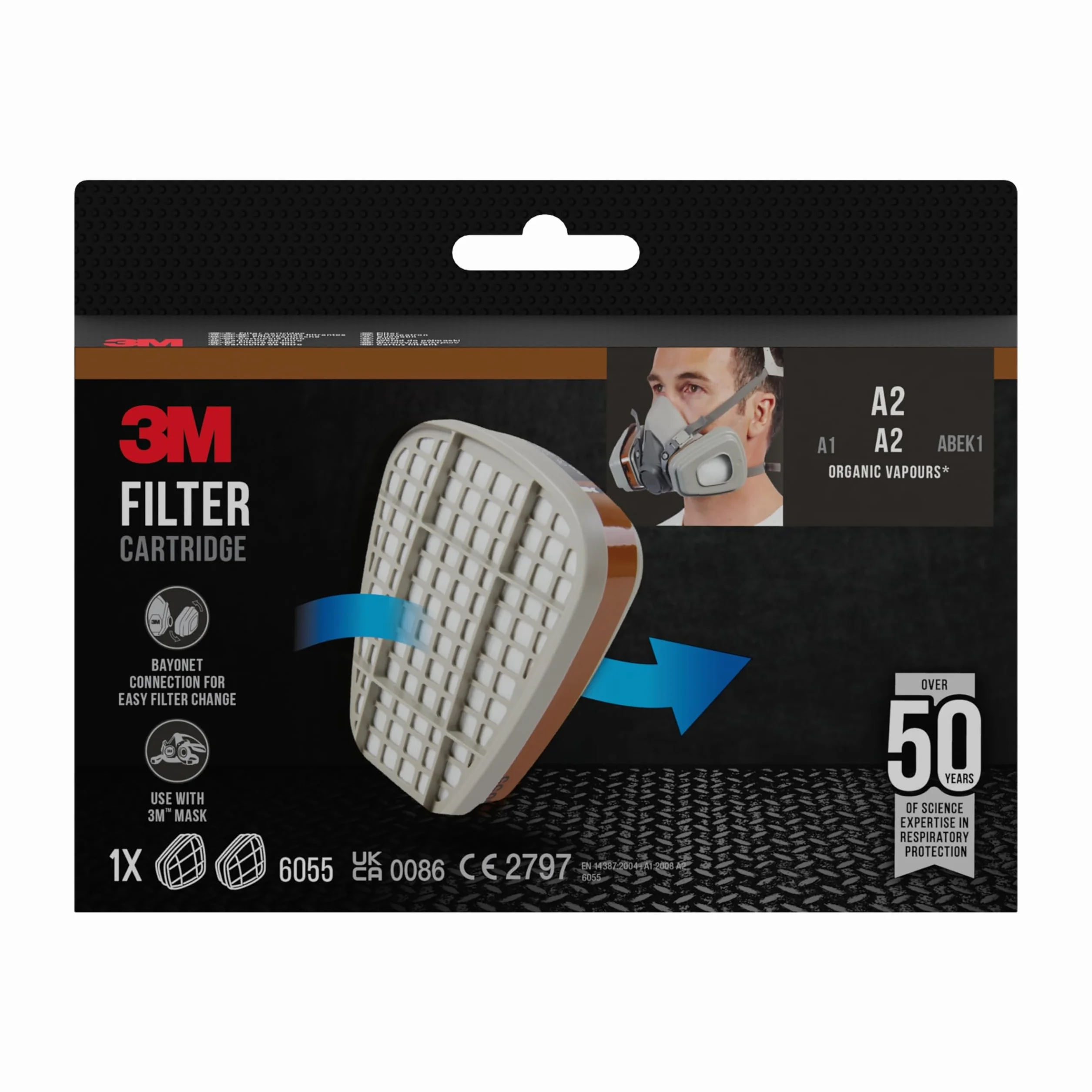 3M Filtro de vapores orgánicos 6055, A2 para las series 6000 y 6500, 1 par/paquete
