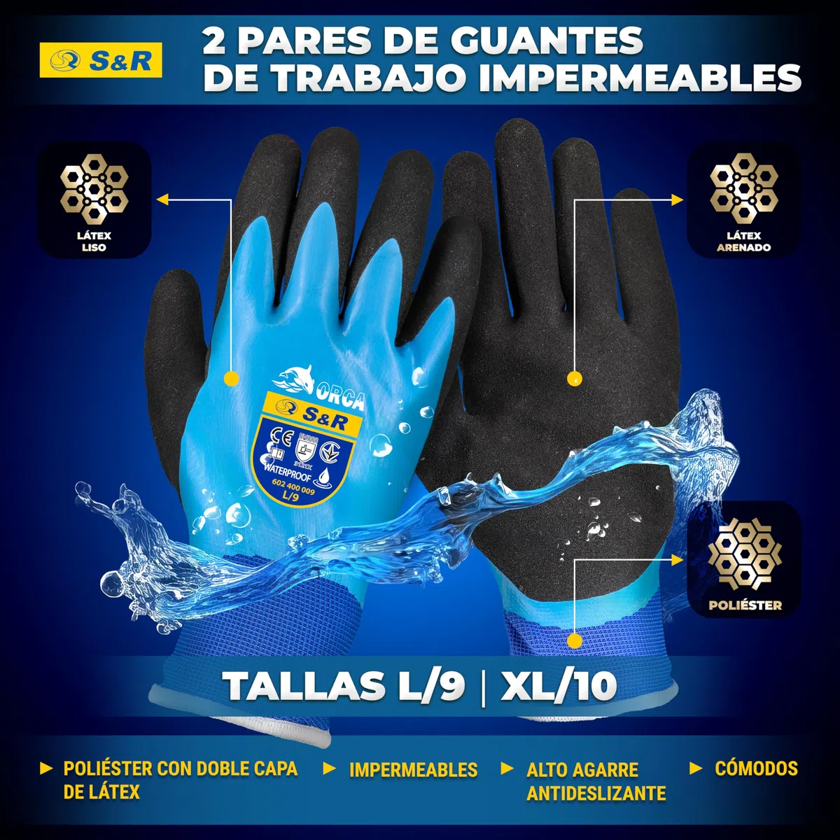 S&R Guantes de Trabajo Impermeables 2 PARES para Hombre Mujer Tallas 9 y 10. Guantes de protección Bricolaje Jardinería Mecánicos Pesca