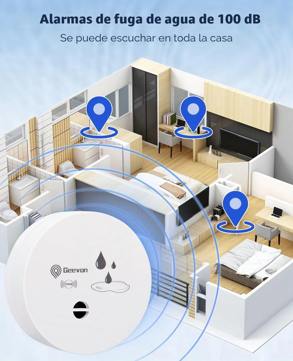 Geevon Paquete de 2 detectores de fugas de agua, alarmas de sensor de agua de 100 dB, detector de inundación para sótanos, baños, lavanderías, cocinas, garajes y áticos, alarmas de agua que funcionan