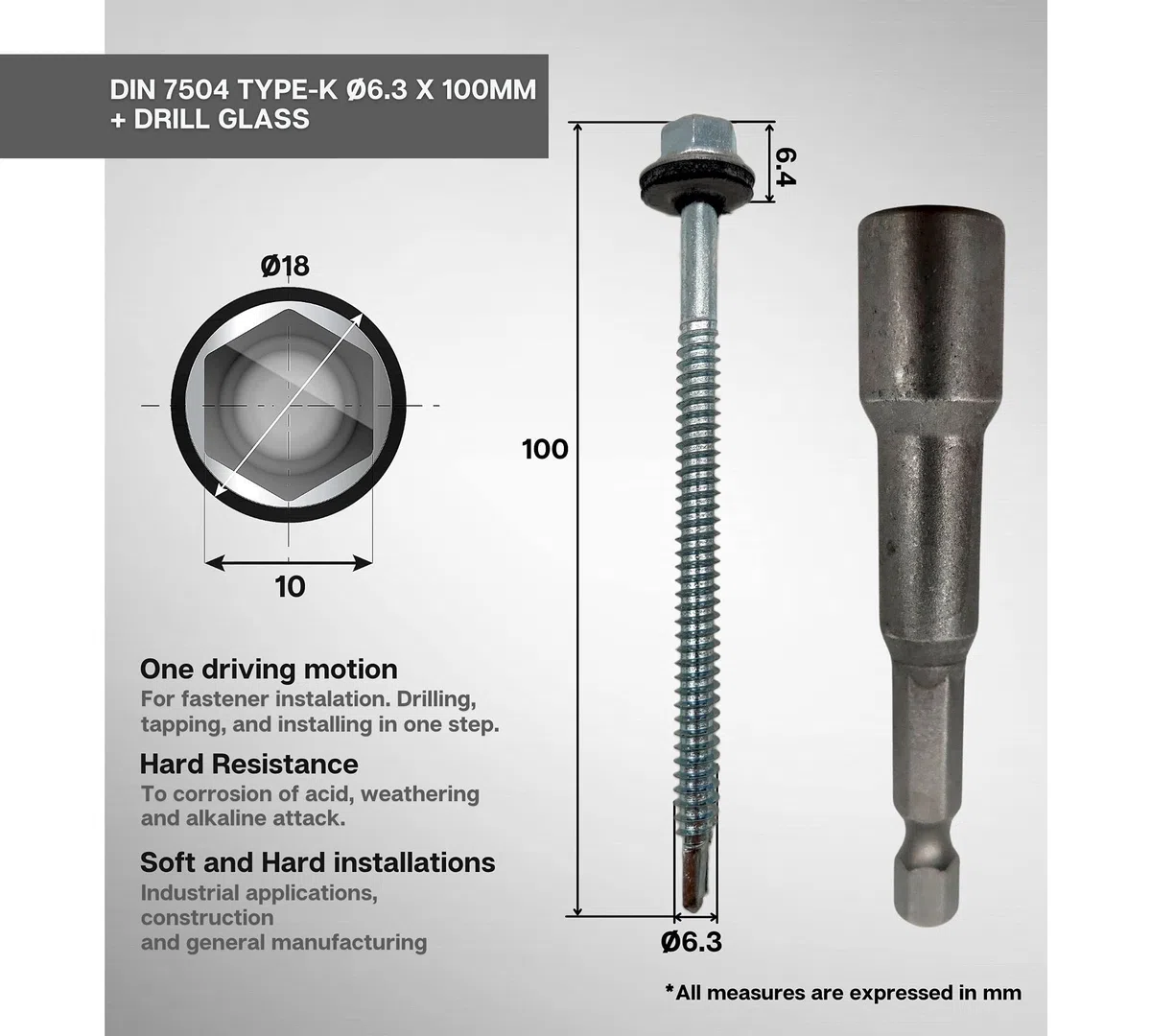 DOJA Industrial | Tornillos Autotaladrantes 6,3x100 + Vaso Taladro M10 | PACK 50 de Tornillo Autoperforante Autorroscante Hexagonal + 1 Llave de Vaso Torx | Para Chapas Metalicas, Tejado, Aluminio.