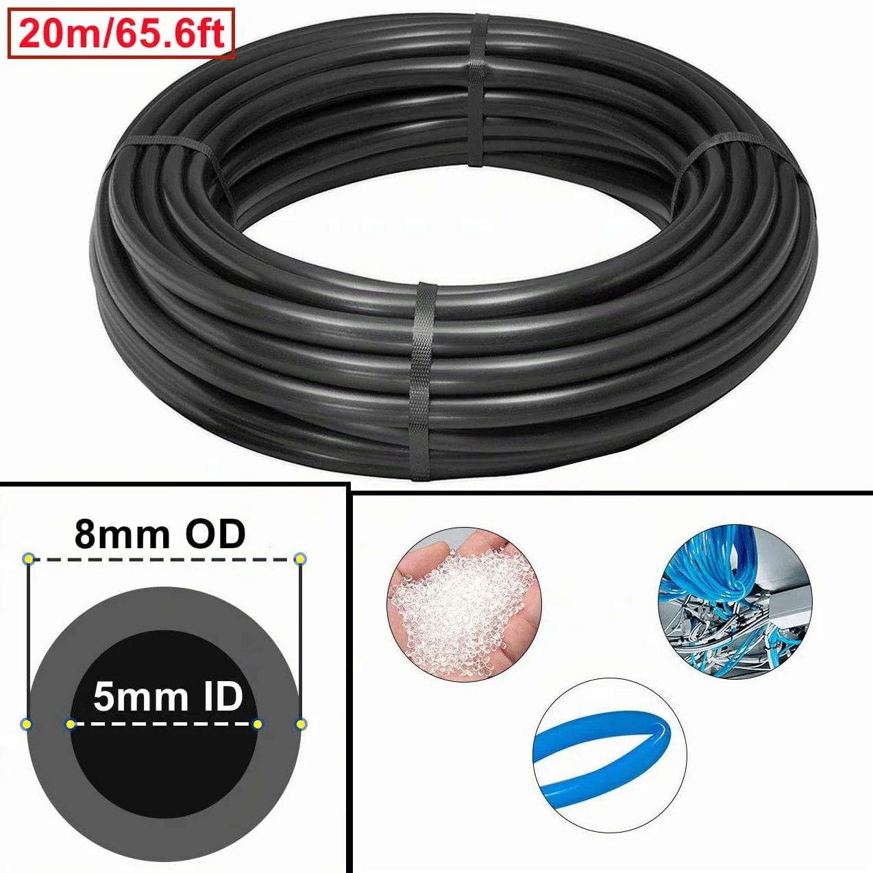 HUAZIZ Manguera neumática de poliuretano de 20 m, manguera neumática negra de poliuretano, manguera de aire comprimido flexible, exterior de 8 mm x interior de 5 mm + 1 cortador de manguera