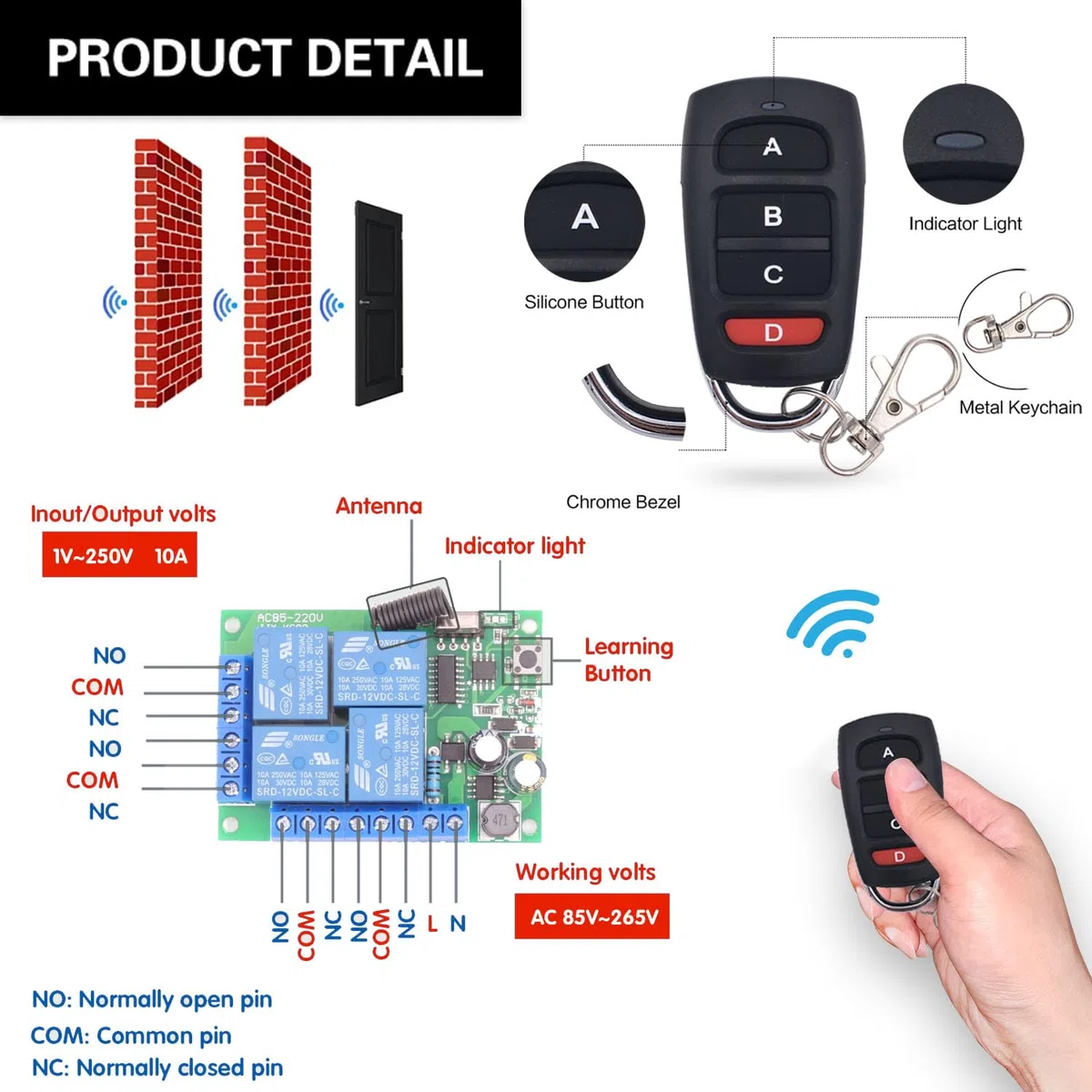 DieseRC Interruptor de control remoto inalámbrico universal AC 220V 230V 10A Receptor de relé RF de 4 canales con 2 transmisores para motor puerta de garaje luz cortina eléctrica