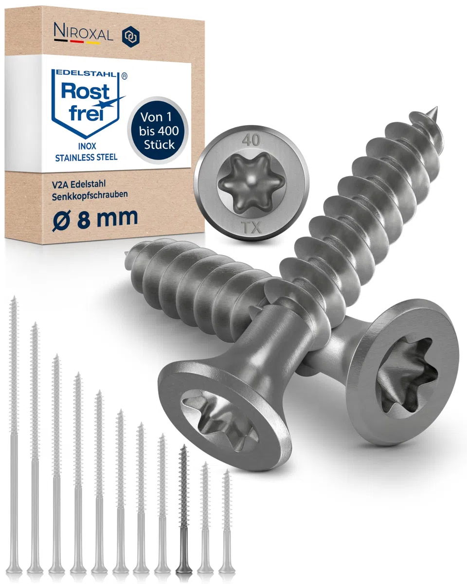 Tornillos para madera de acero inoxidable A2 con cabeza avellanada Torx TX40 – rosca parcial – 8 x 70 mm – 25 unidad – tornillos universales para madera