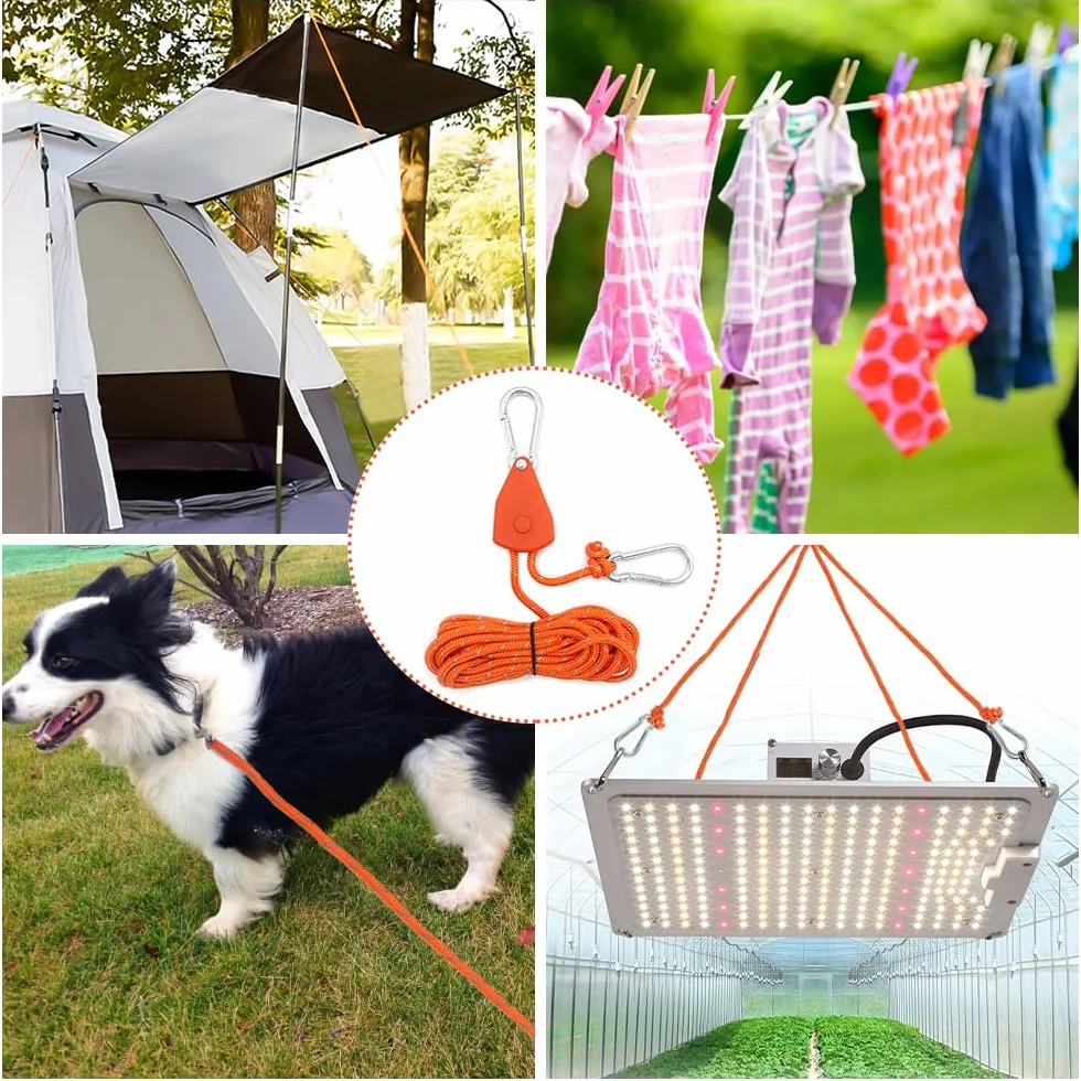 4 Piezas Trinquete para Cuerda Ajustable de 4 m con Gancho, Rope Ratchet 4 mm, Suspensión para Lámpara de Planta, Tienda, Senderismo