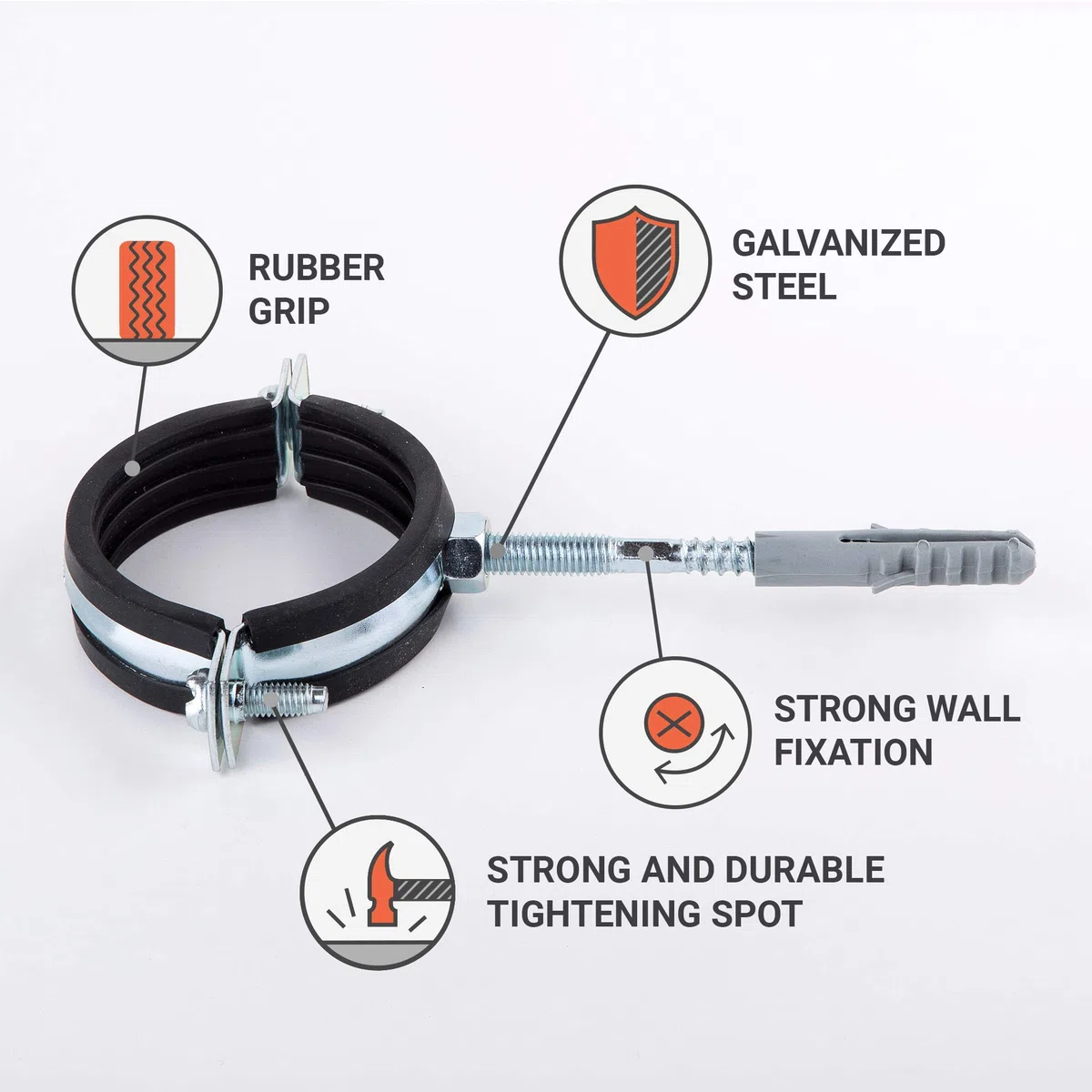 (Paquete de 2 uds.) Soportes de tubo de metal único antivibraciones Clips Abrazaderas Revestimiento de goma para tubos de Ø 56-60 mm (2)