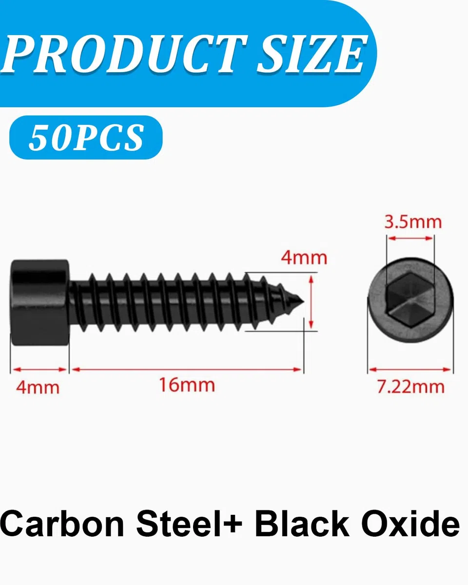 50pcs acero al carbono tornillos autorroscantes, tornillos hexagonales negro M4x20mm