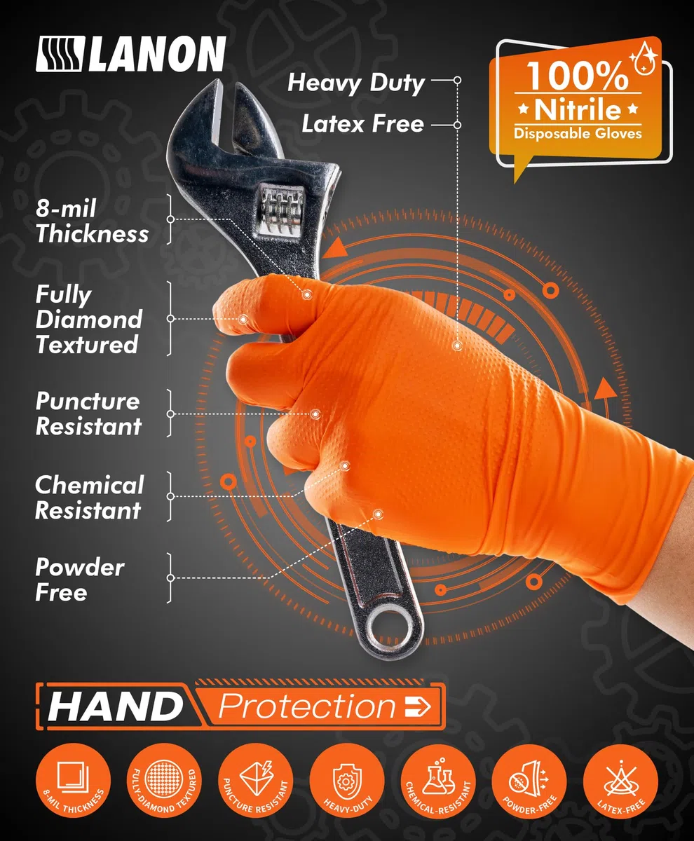 LANON 8 Mil Guantes Nitrilo, Naranja Guantes Desechables, Heavy-Duty, Mecánico, Apto para Alimentos, Sin Látex, Sin Polvo, Totalmente con Textura de Diamante, Talla L