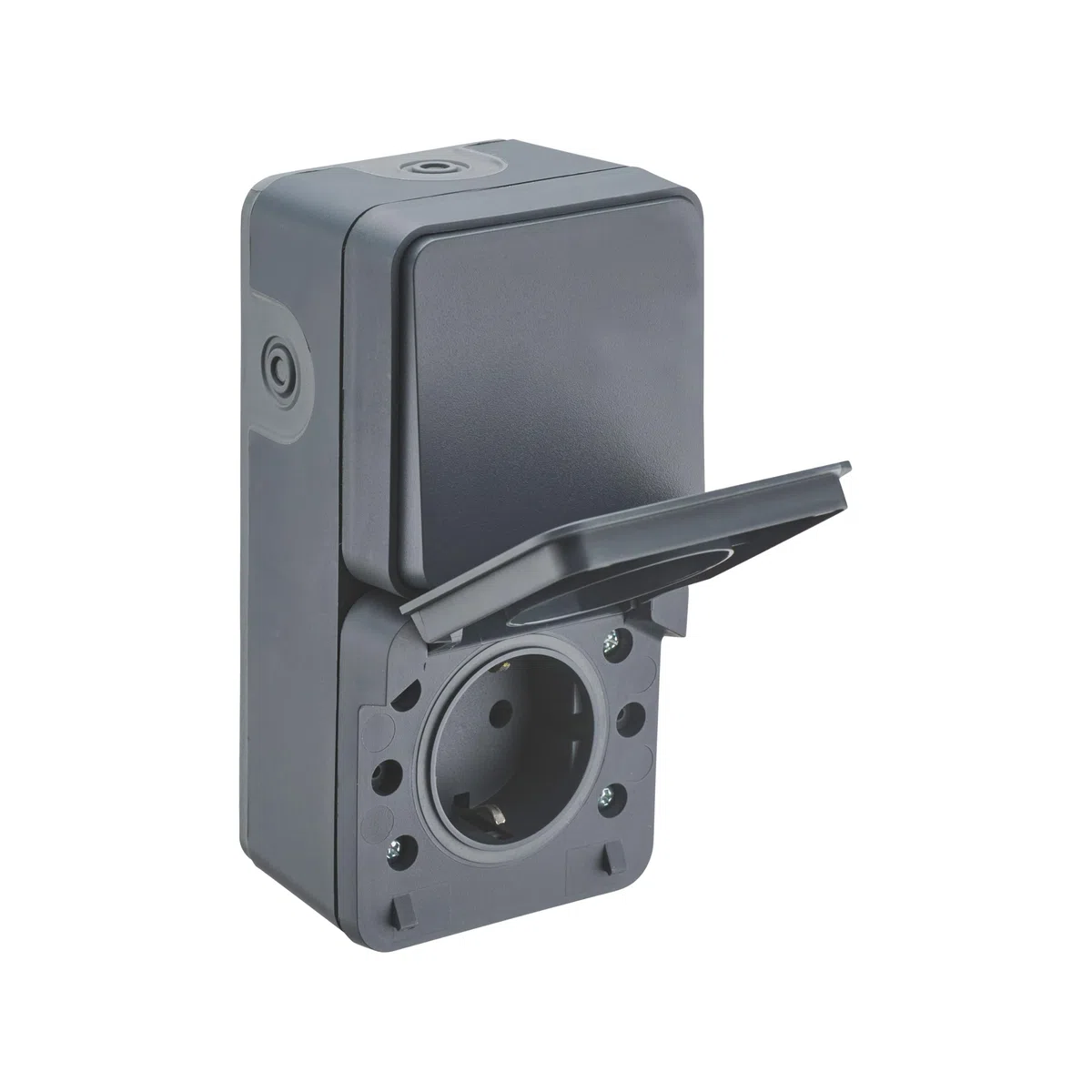 DEBFLEX - Cyklone -Interruptor Conmutador + Enchufe Exterior Estanco IP55 - Interior/Exterior - Instalación en Superficie - Gris Oscuro - 150 x 75 x 65 mm