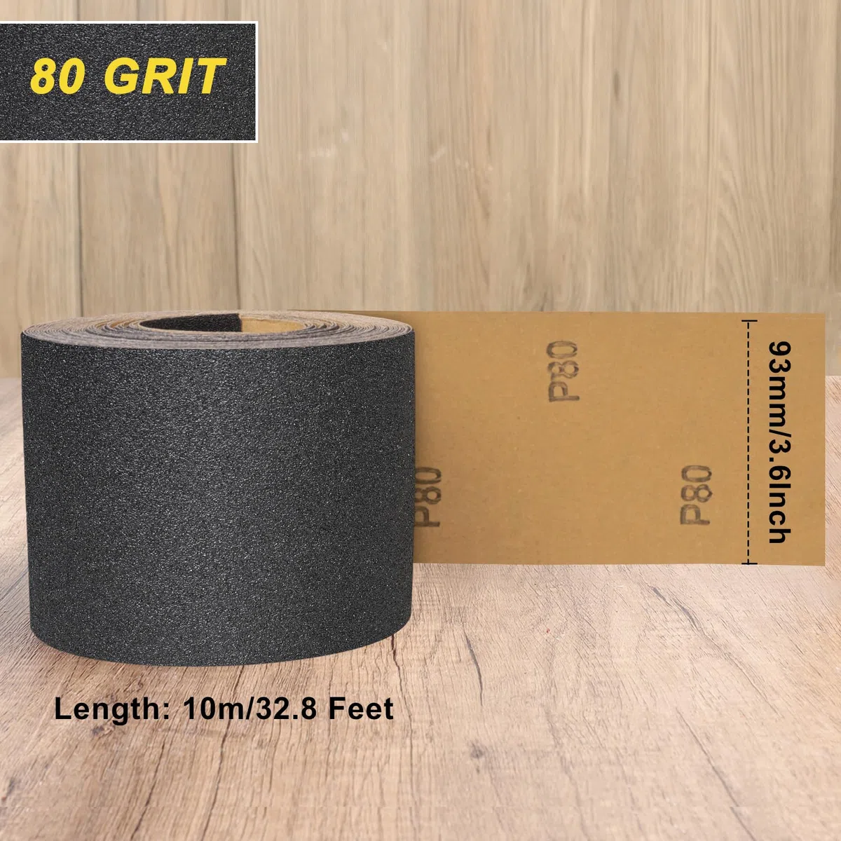 Rollo de Papel de Lija Carburo de Silicio Grano 80, 93 mm x 10 m, para lijar madera, pintura, yeso, relleno, metal y más, papel de lija de 93 mm de ancho compatible