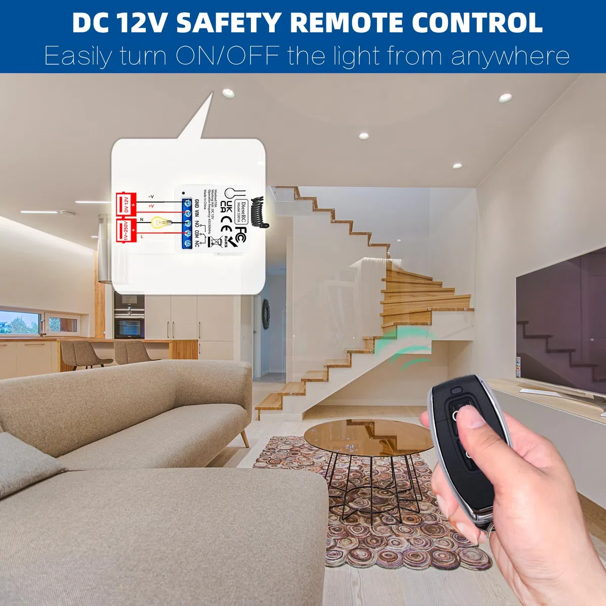 DieseRC 433Mhz Universal DC 12V 1CH Interruptor de control remoto inalámbrico Módulo receptor de relé RF con 2 transmisores, Relé de Contactos sin Potencial