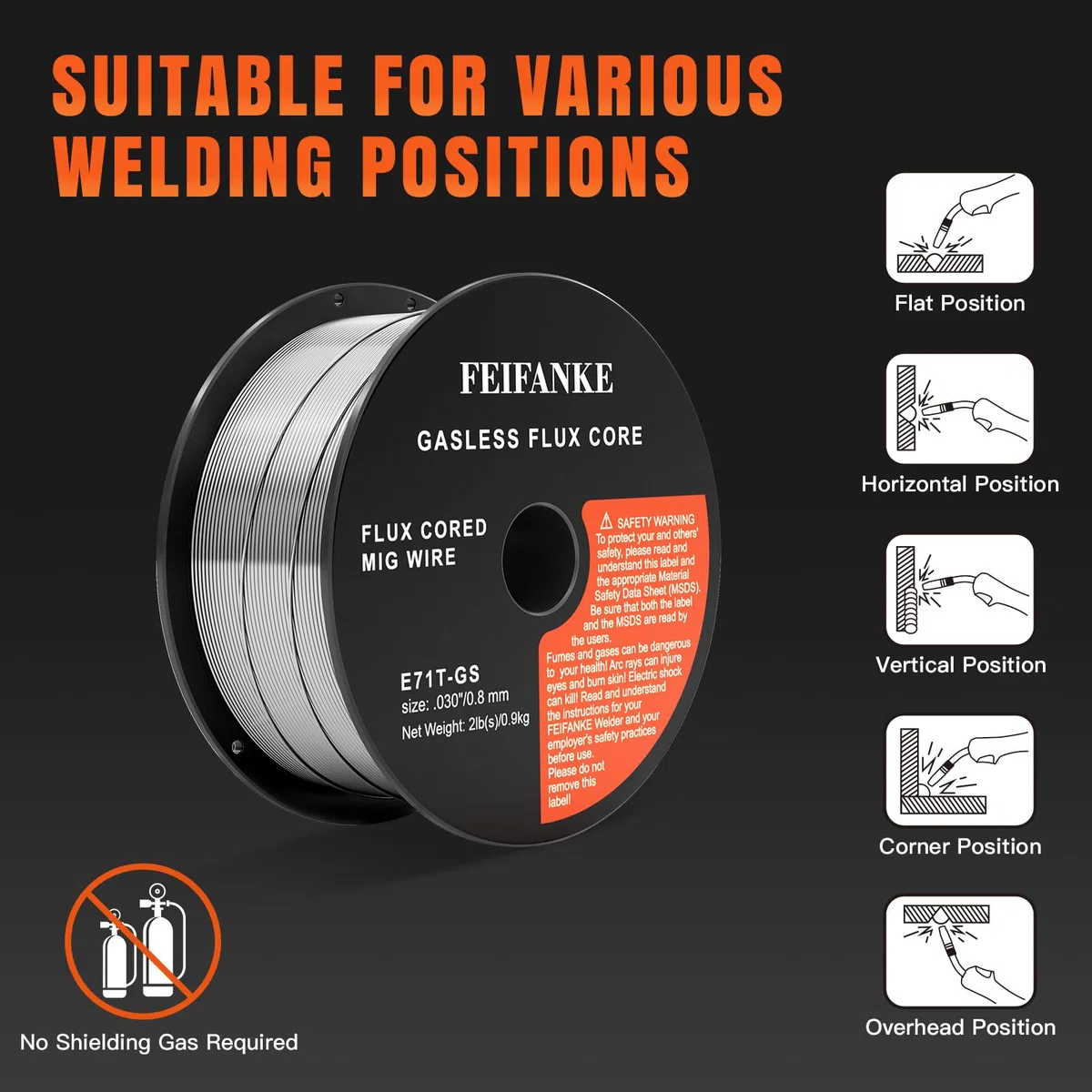 FEIFANKE Hilo Para Soldar Sin Gas 0,8 mm 1KG Hilo Flux E71T-GS Hilo Soldadura Máquina de Soldar, Rollo de Alambre D100 1 Pieza