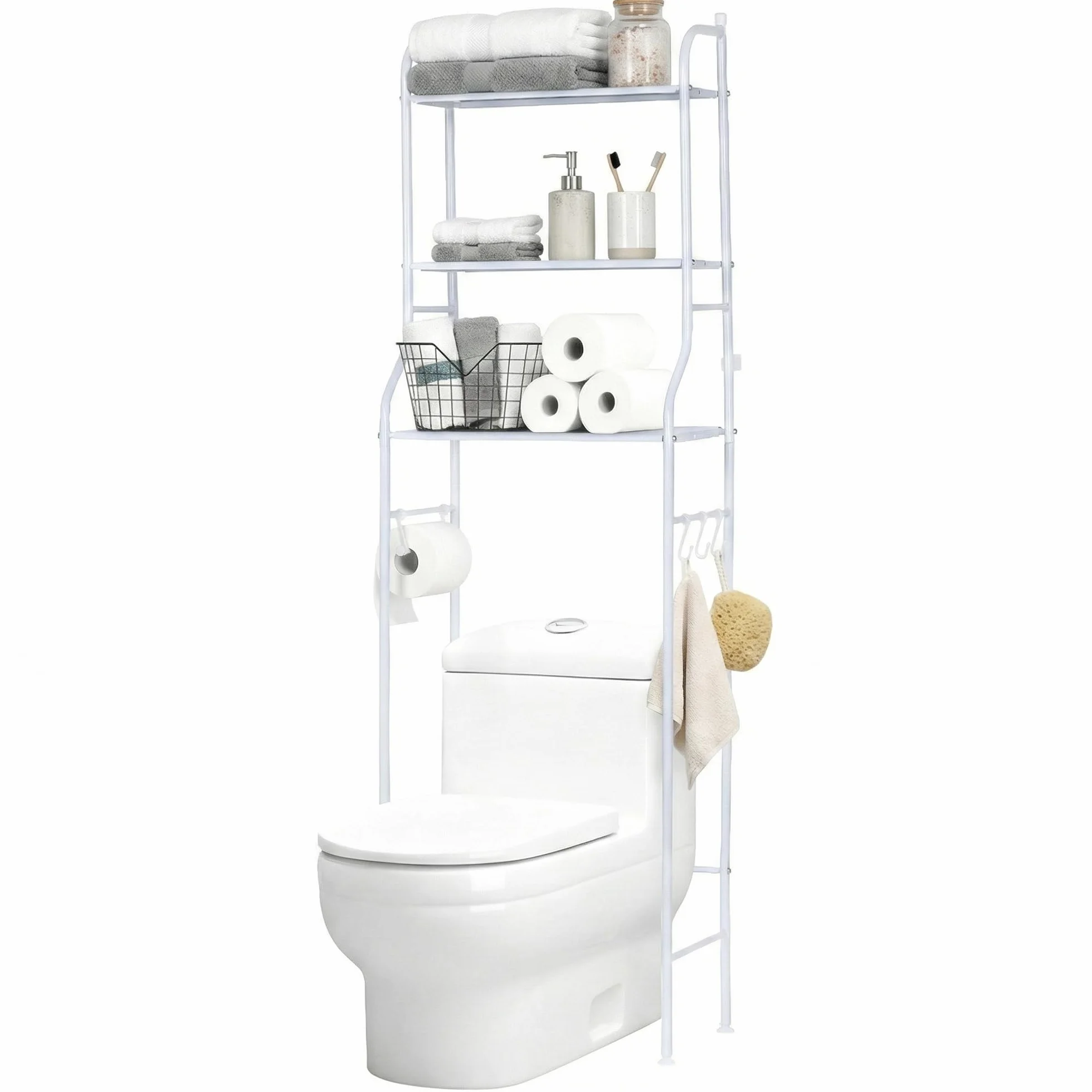 NK Estantería de Baño sobre Inodoro – 153x47x26 cm, 3 Baldas Superiores, 3 Ganchos, Portarrollos, Patas Antideslizantes, Estructura de Hierro y PP, Color Blanco, Montaje Fácil