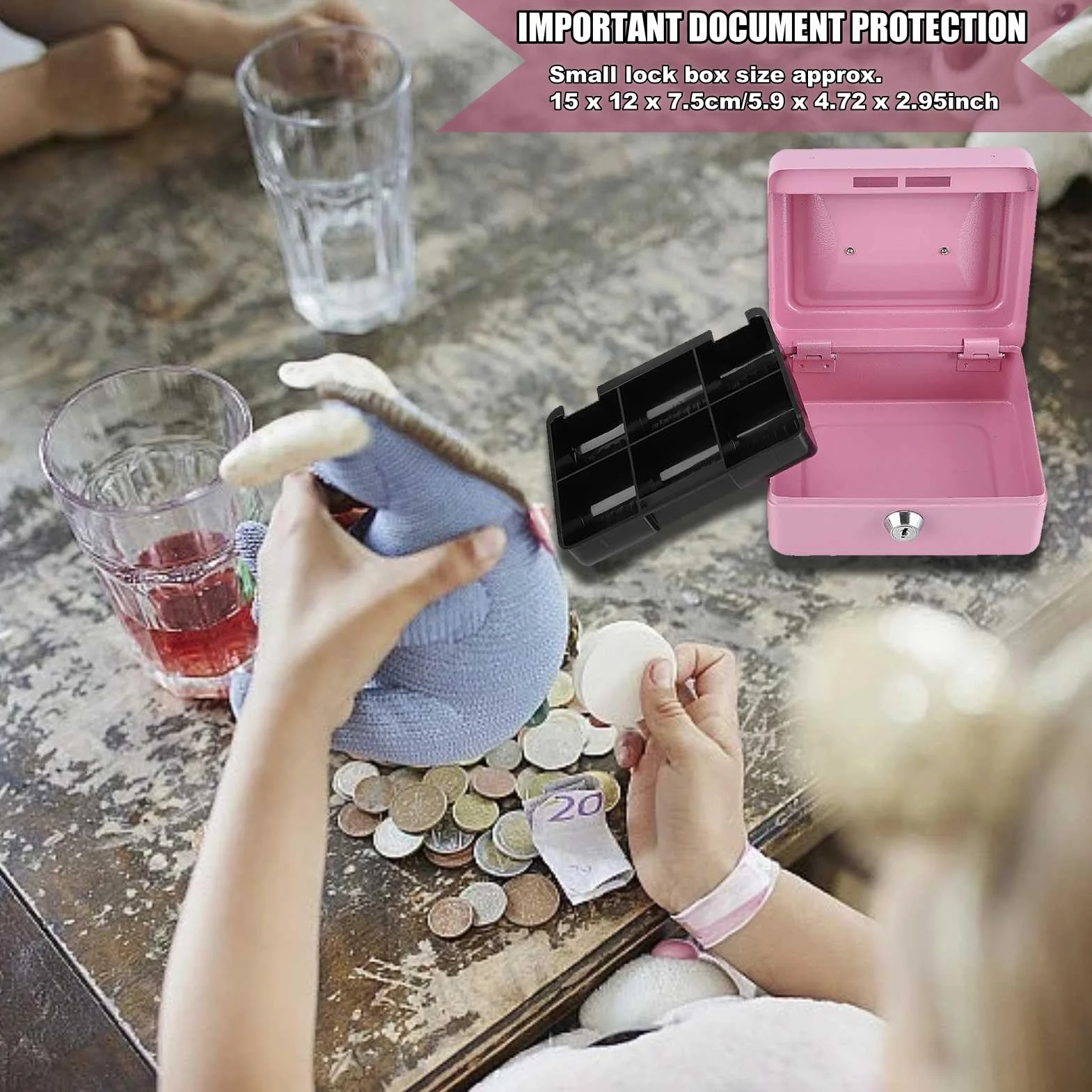 HERCHR Caja de seguridad para dinero, Caja fuerte portatil 15 cm de ancho Con bandeja portamonedas y 2 llaves, Organizador de Efectivo con Cerradura y Compartimento Interior, Caja Fuerte para Dinero