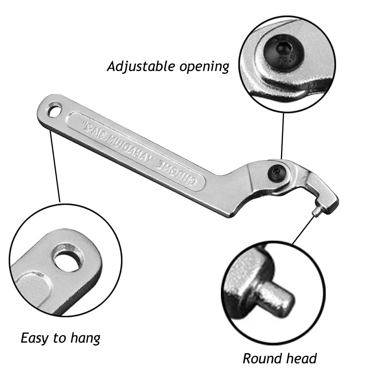 Llave De Gancho C Llave Inglesa Métrica Ajustable De Acero Cromado Vanadio Con Cabeza Redonda De 19-51 Mm Para Quitar Tuercas De Amortiguadores, Contadores De Agua, Maquinaria Y Equipos (1 Pezzo)