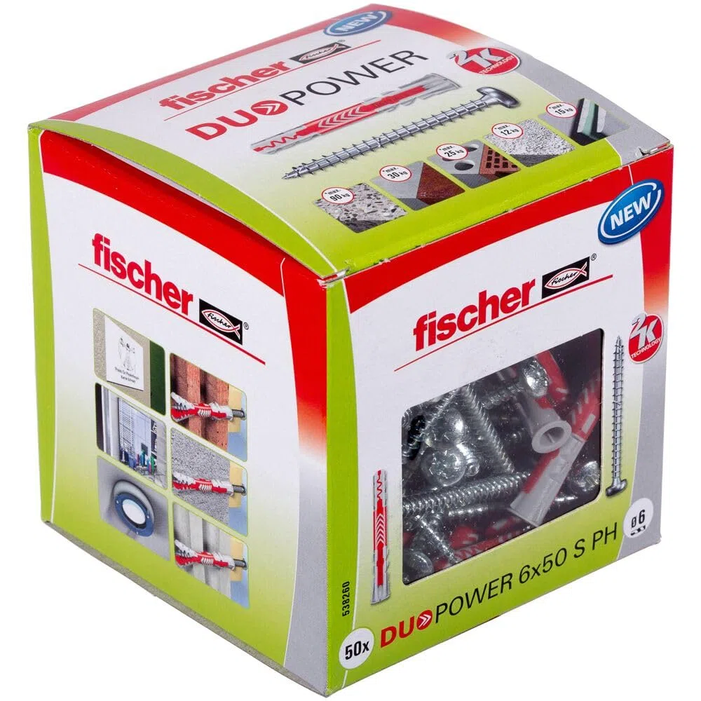 fischer DUOPOWER 6 x 50 S PH, 50 tacos y 50 tornillos para pared universales con tornillo de cabeza plana, de 2 componentes, taco de plástico para fijación en hormigón, ladrillo, piedra, cartón yeso