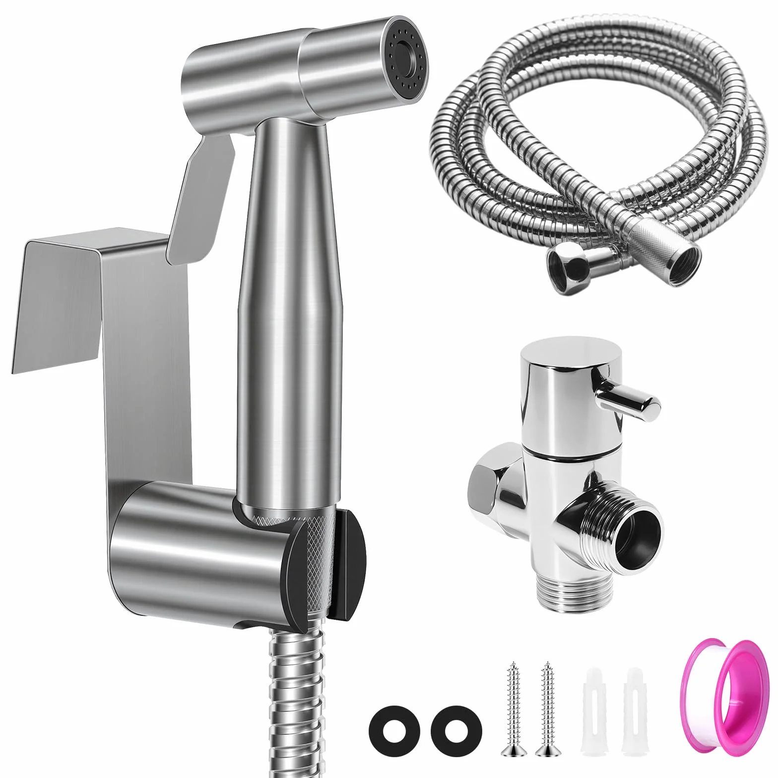 Set de Ducha Higiénica para WC, Grifo WC con Manguera de 1,5m, Soporte y Adaptador, Fácil de Instalar (Plateado)
