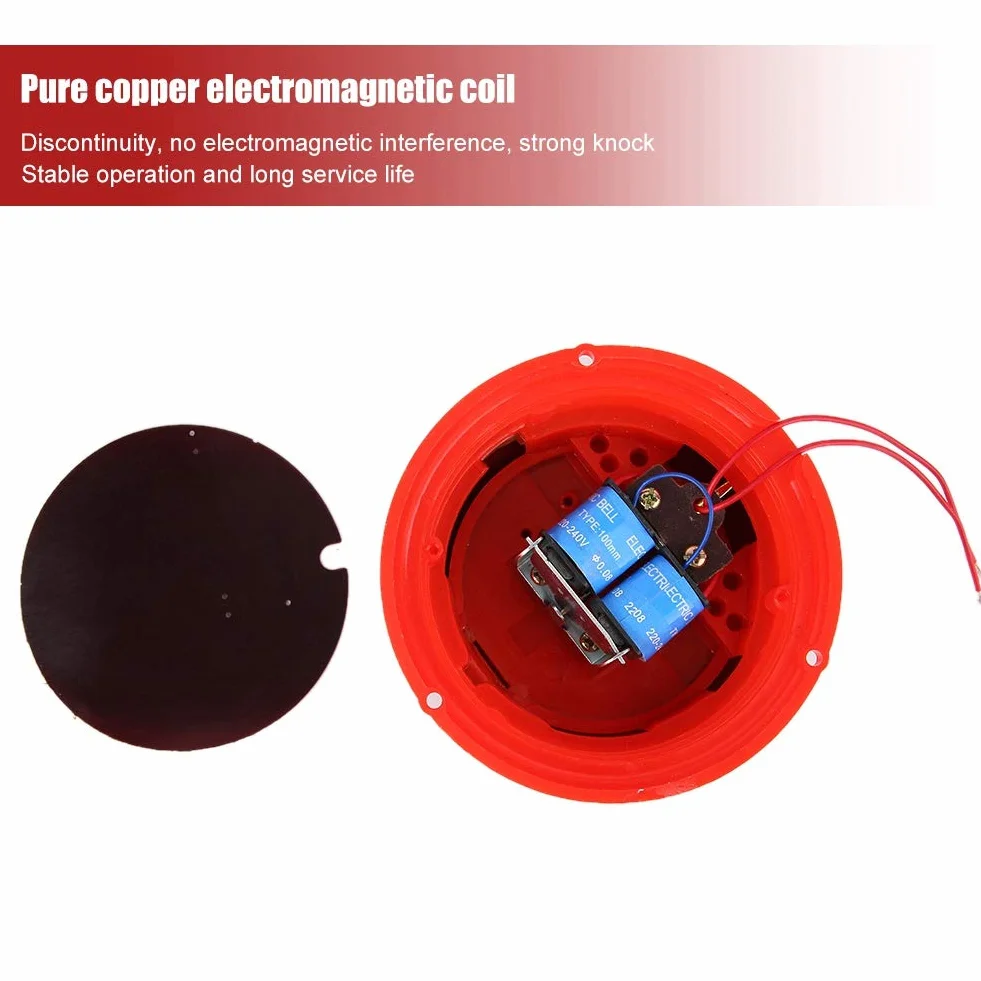 Timbre Eléctrico de Alarma contra Incendios, 4 Pulgadas, Metal, 100db, 220V, Rojo, Montaje en Pared o Techo