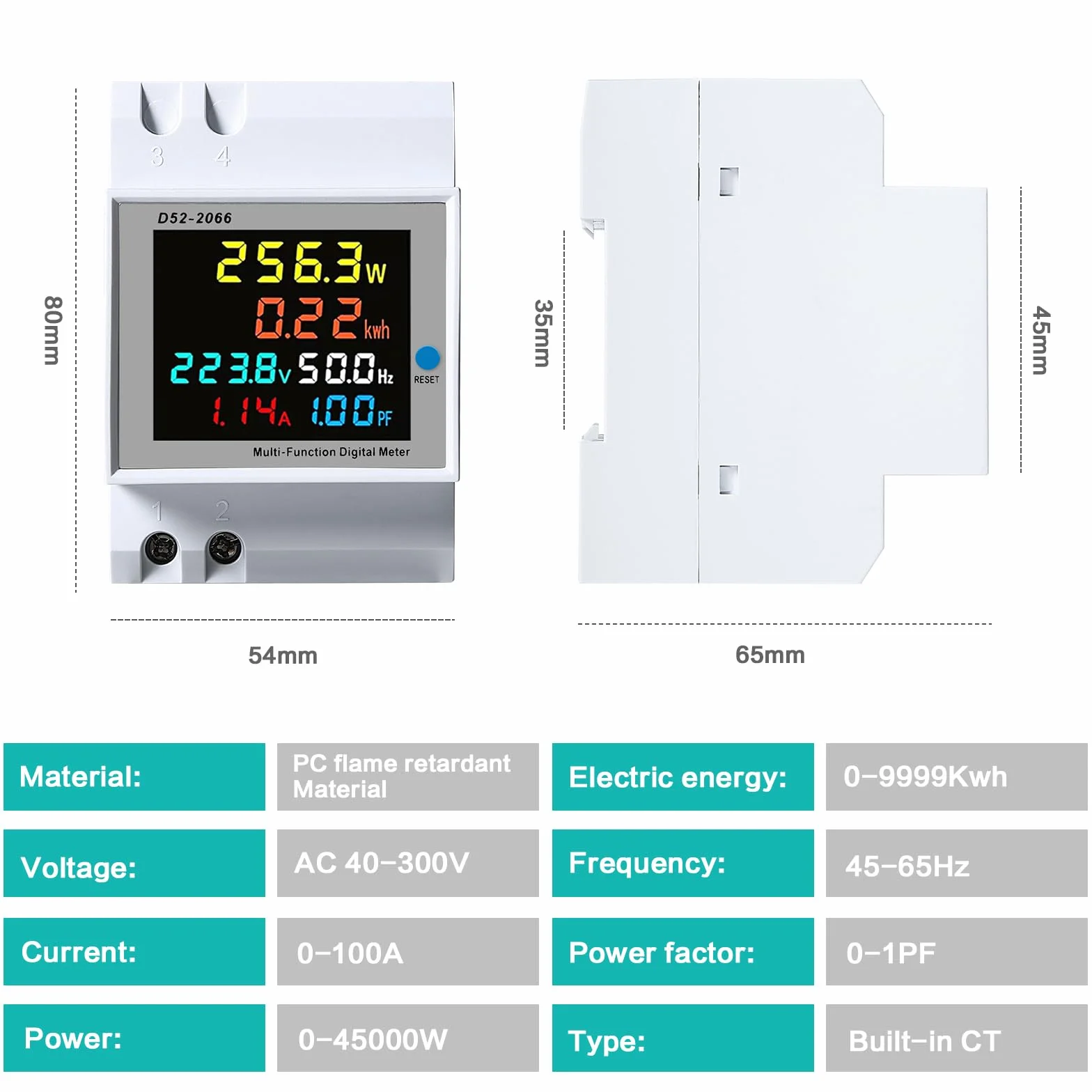 Jadeshay Medidor de Energía,AC 40-300V 100A Contador Electrico Digital Multifuncional Voltímetro Amperímetro para Medición del Consumo Eléctrico Voltaje Corriente Factor Potencia Frecuencia