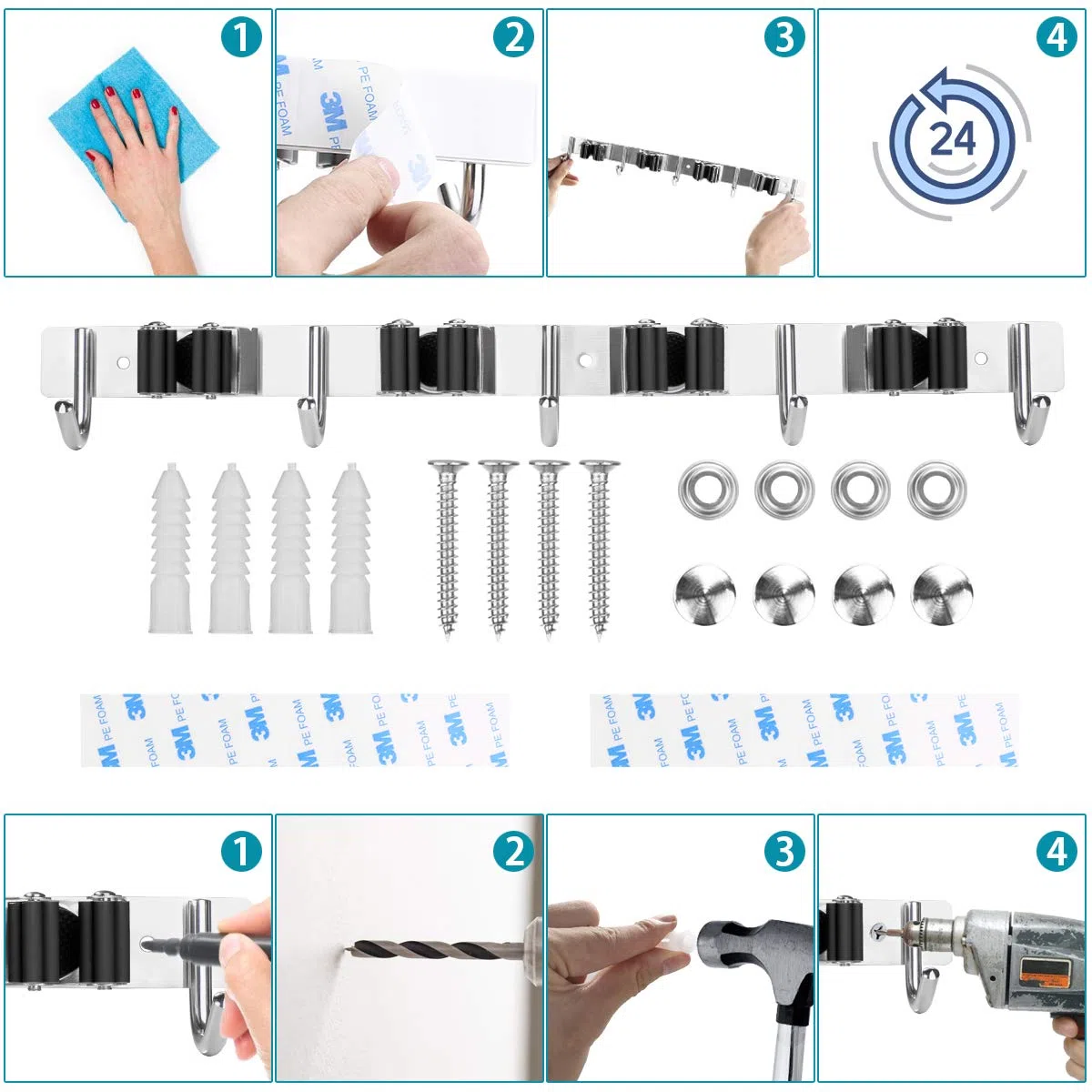 Colgador de Escobas y Fregonas Acero Inoxidable, Soporte de Escobas con 4 Posiciones y 5 Ganchos para Cocina, Baño, Garaje y Jardín, Negro