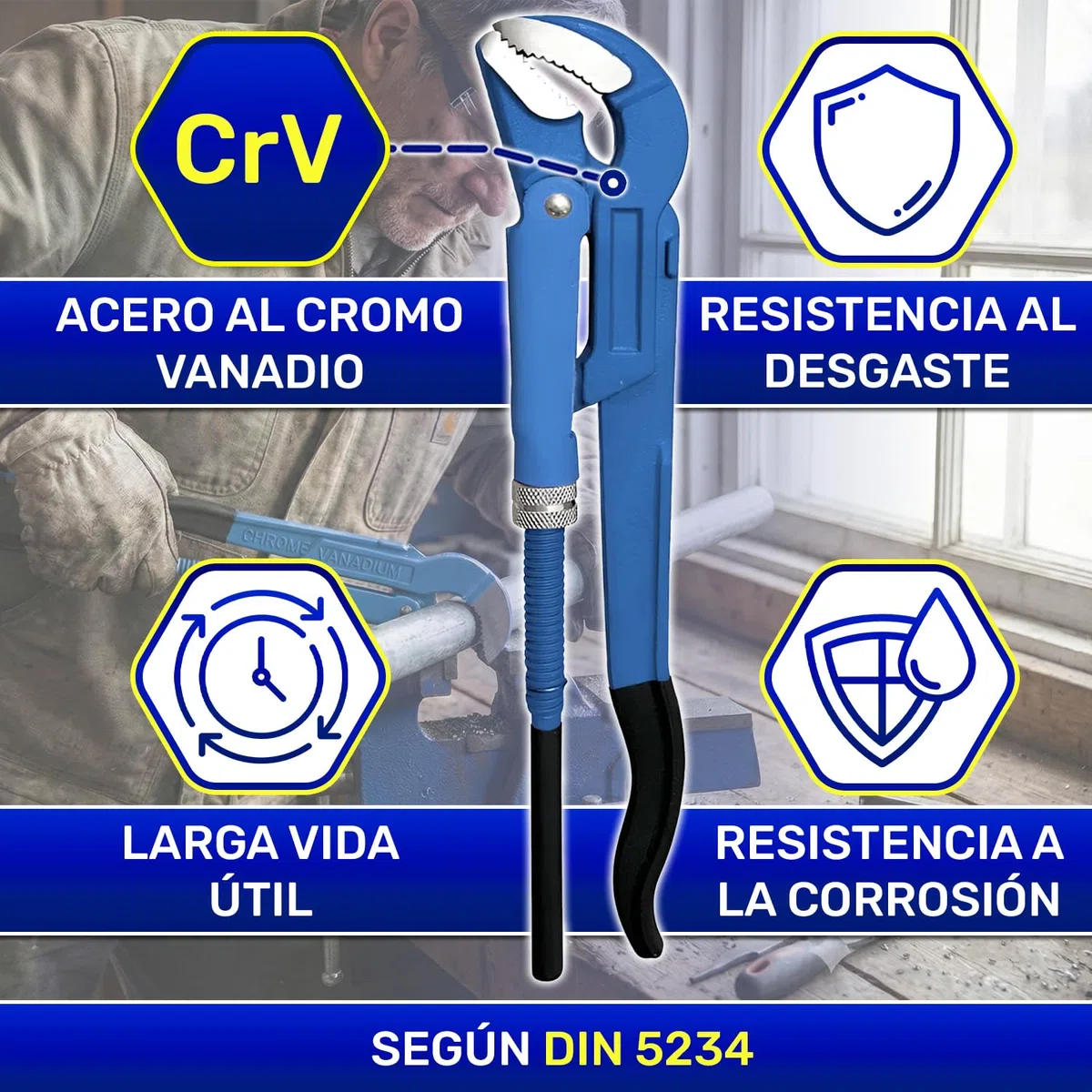 MONTERAL Llave para Tubos de 1" Tipo S 320 mm - Llave Pico Loro Fabricada en Acero Aleado al Cromo-Vanadio CrV - Cumple con Norma DIN 5234