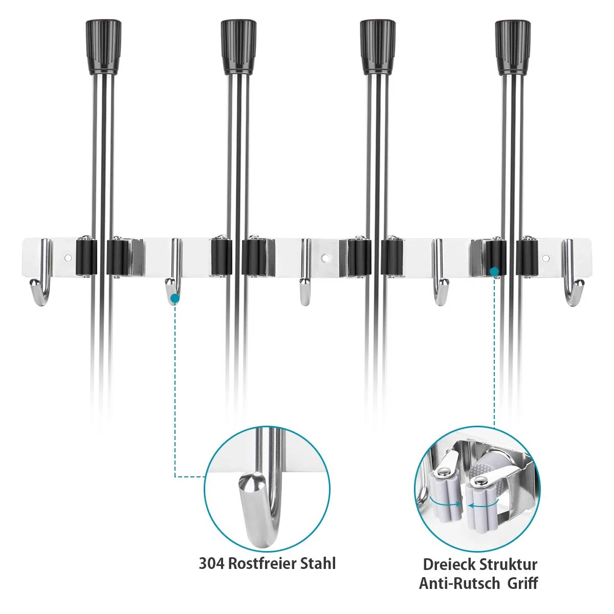 Colgador de Escobas y Fregonas Acero Inoxidable, Soporte de Escobas con 4 Posiciones y 5 Ganchos para Cocina, Baño, Garaje y Jardín, Negro