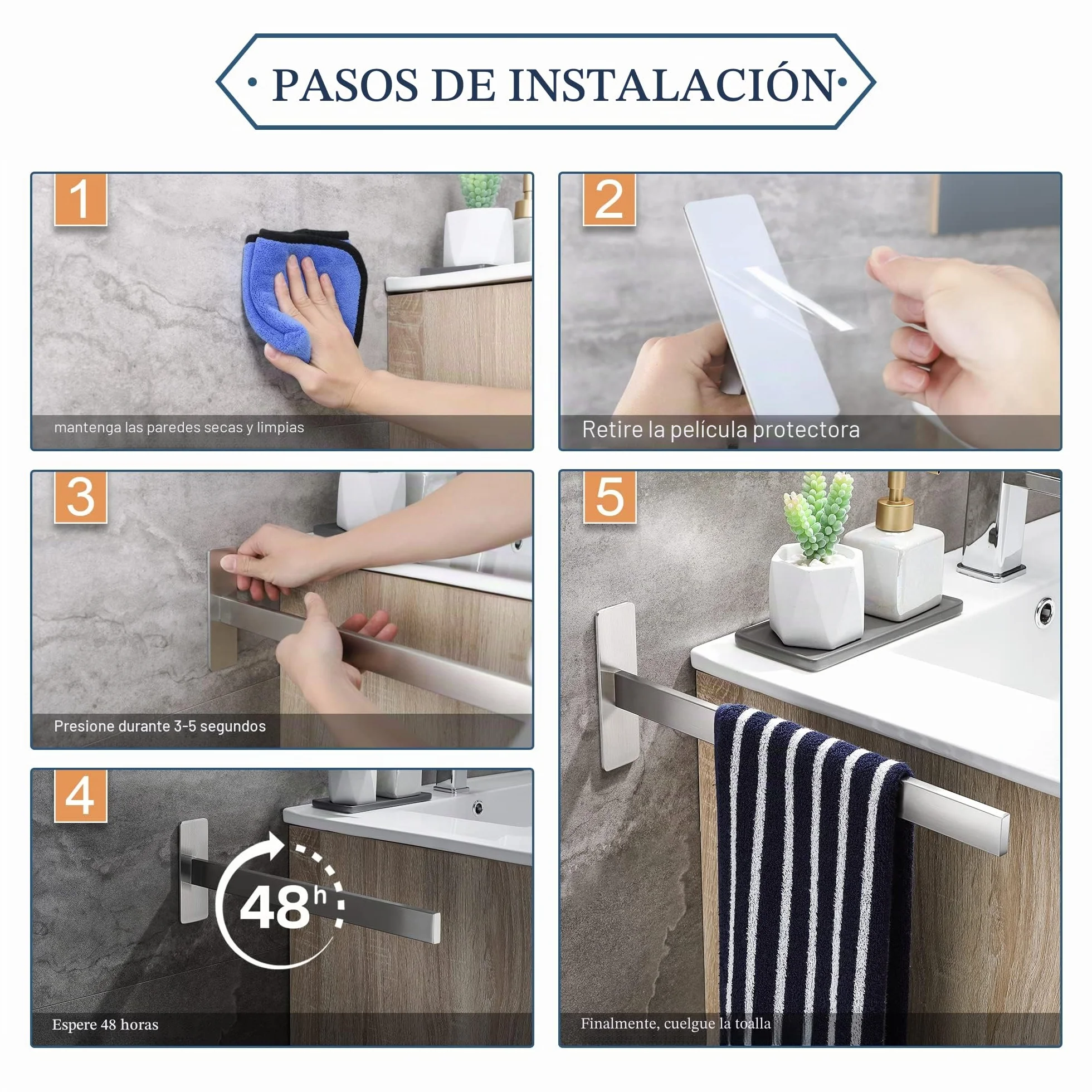 Toallero de Baño Sin Taladro Acero Inoxidable 39CM Adhesivo Pared Cuadrado Cepillado
