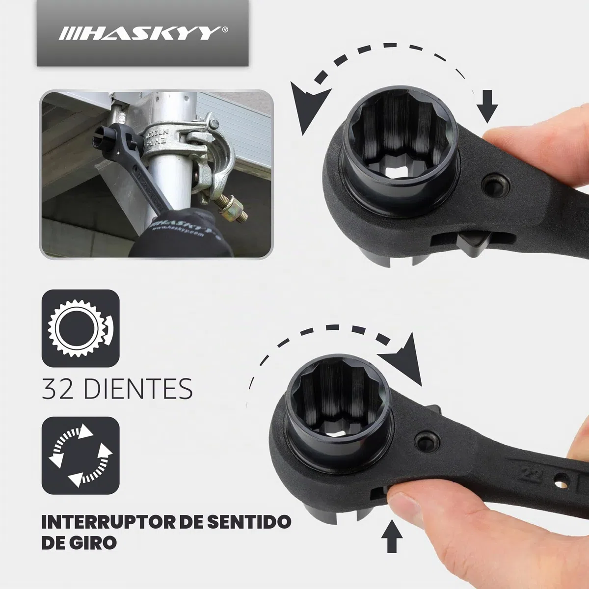 HASKYY Llave de trinquete para andamios con ranura para tuerca de ala de 19/22 mm, trinquete y llave inglesa convertible derecha/izquierda - Doble punta 4 en 1 herramienta