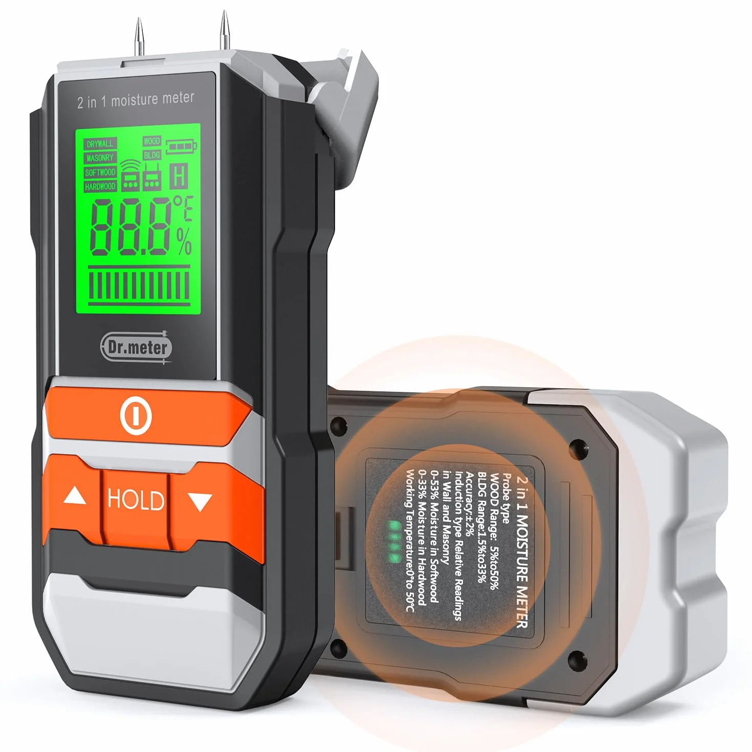 Medidor de Humedad, Dr.meter 2 in 1 Sin Pines Medidor Humedad Pared con Pantalla LCD 4 Modos de Medición para Madera, Material de Construcción, Paredes de Leña, Suelo de Papel