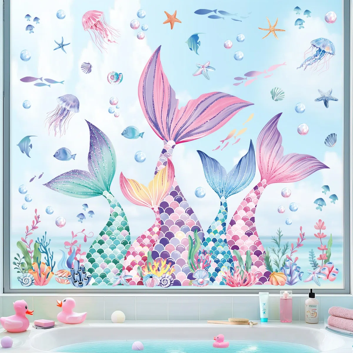 decalmile Pegatinas de Ventana Bajo el Mar Cola de Sirena Vinilos para Ventanas Océano Hierba Algas Marina Peces Anticolisión Vinilo No Adhesivo de Pegatinas Vidrio Ventana