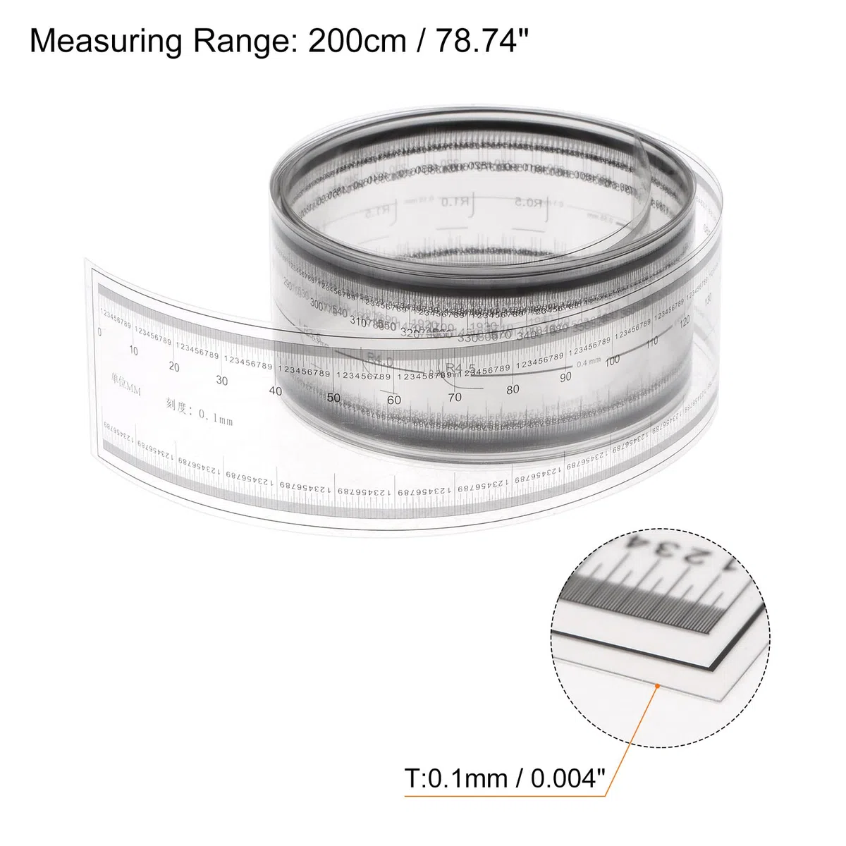sourcing map Película Flexible Regla 200cm 0,1mm Escala con R Ángulo y Ancho Líneas PET Plástico Plegable Recta Regla Calibración Suave Regla Medición Herramienta para Fábrica, Transparente