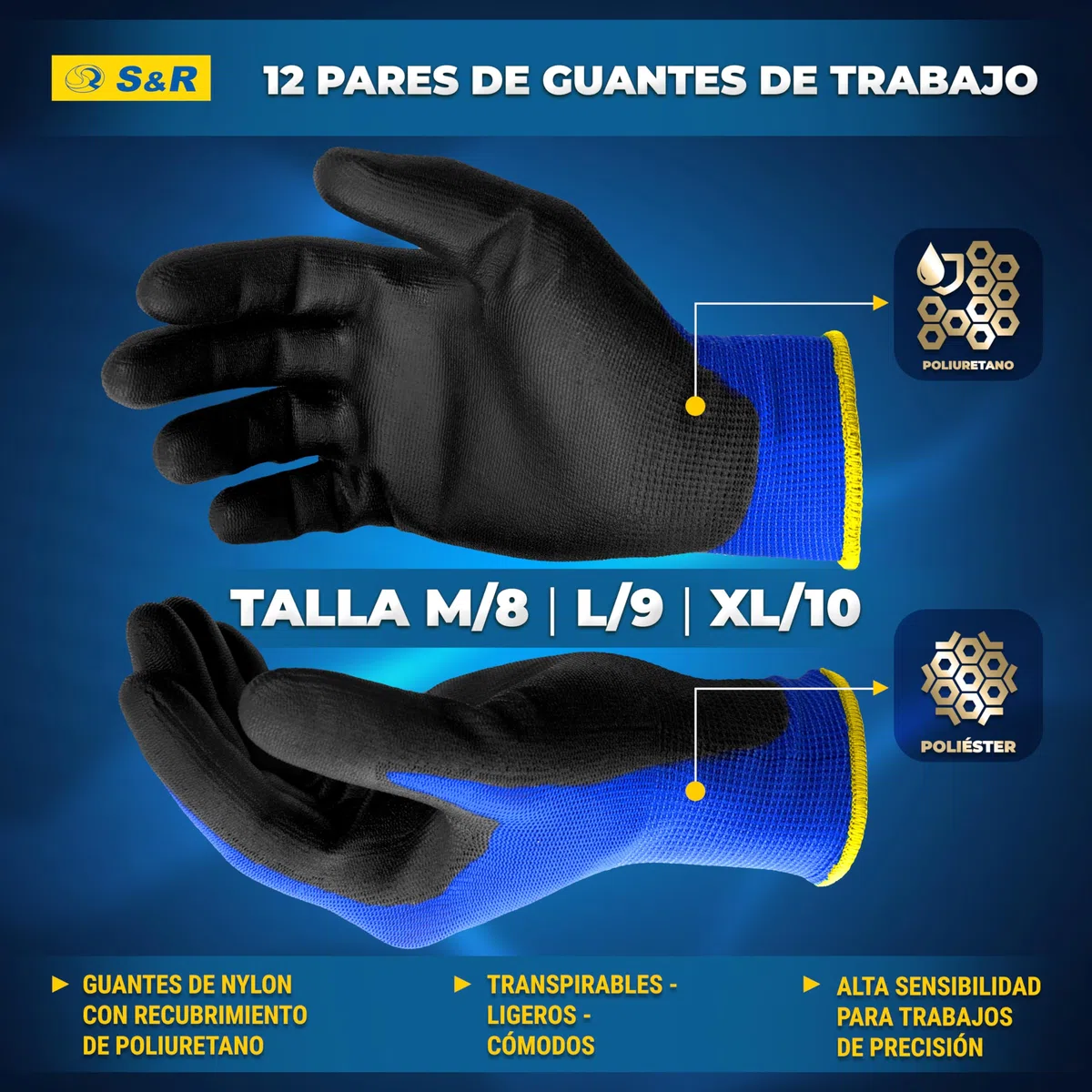 S&R Guantes de Trabajo Hombre Ligeros - Talla XL/10-12 Pares.