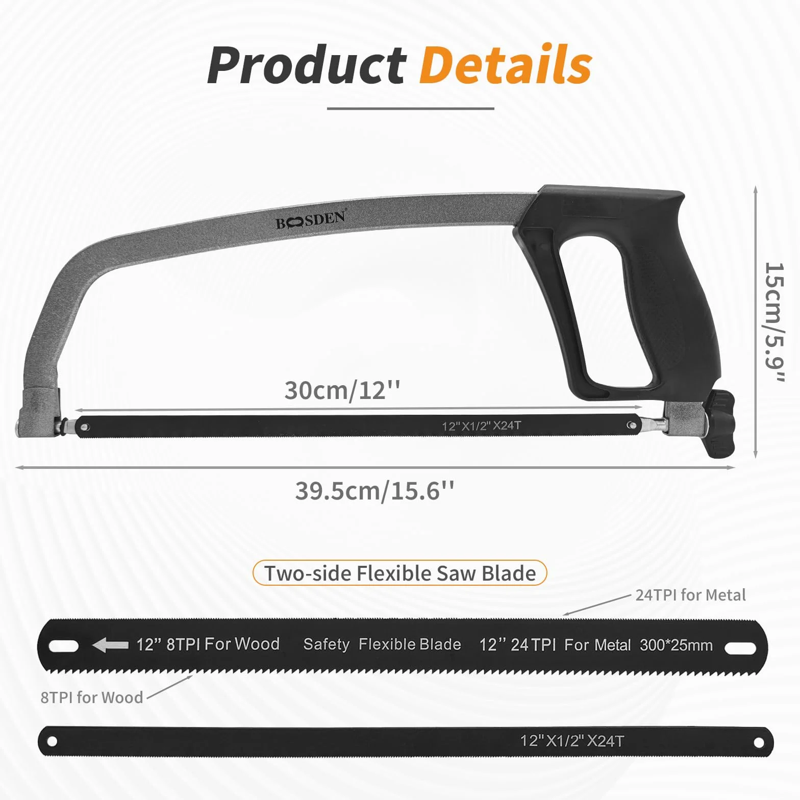 BOOSDEN Sierra para metales ajustable con 4 cuchillas de 12 pulgadas (2 bimetálicas 8TPI/24TPI + 2 HSS 24TPI), sierras de metal, sierra para metales para cortar madera, PVC - Mini sierra para metales