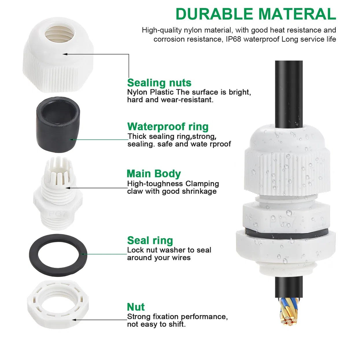 20 unidades PG7 impermeable de cable, atornillado de cable, resistente al agua, juego de glándulas de cable ajustables, glándulas de cable de nailon, color blanco