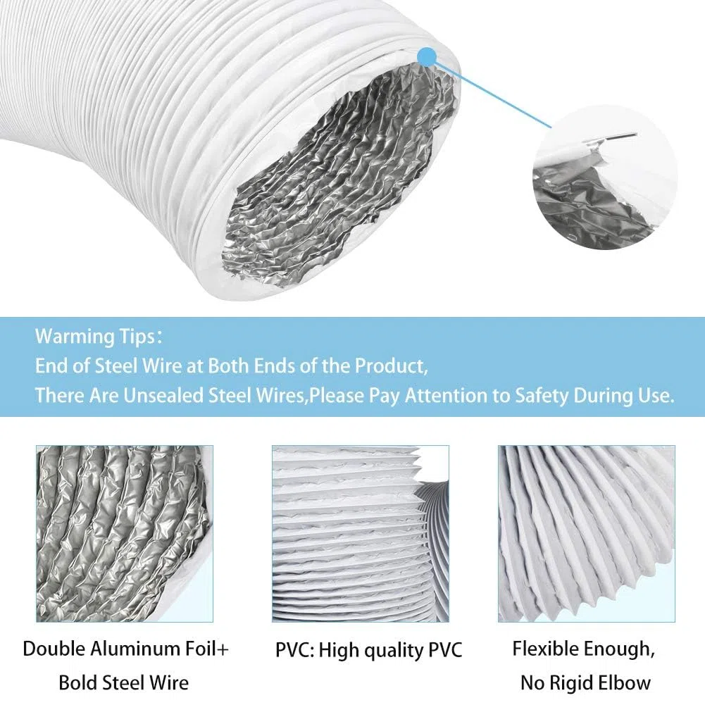 Ø 100 mm Tubo Flexible de Salida de Aire 6 m Tubo Aire Flexible di Aluminio PVC para Extractor de Aire Climatización Secadora Conducto de Aire de Ventilación Sistemas con 2 Abrazaderas